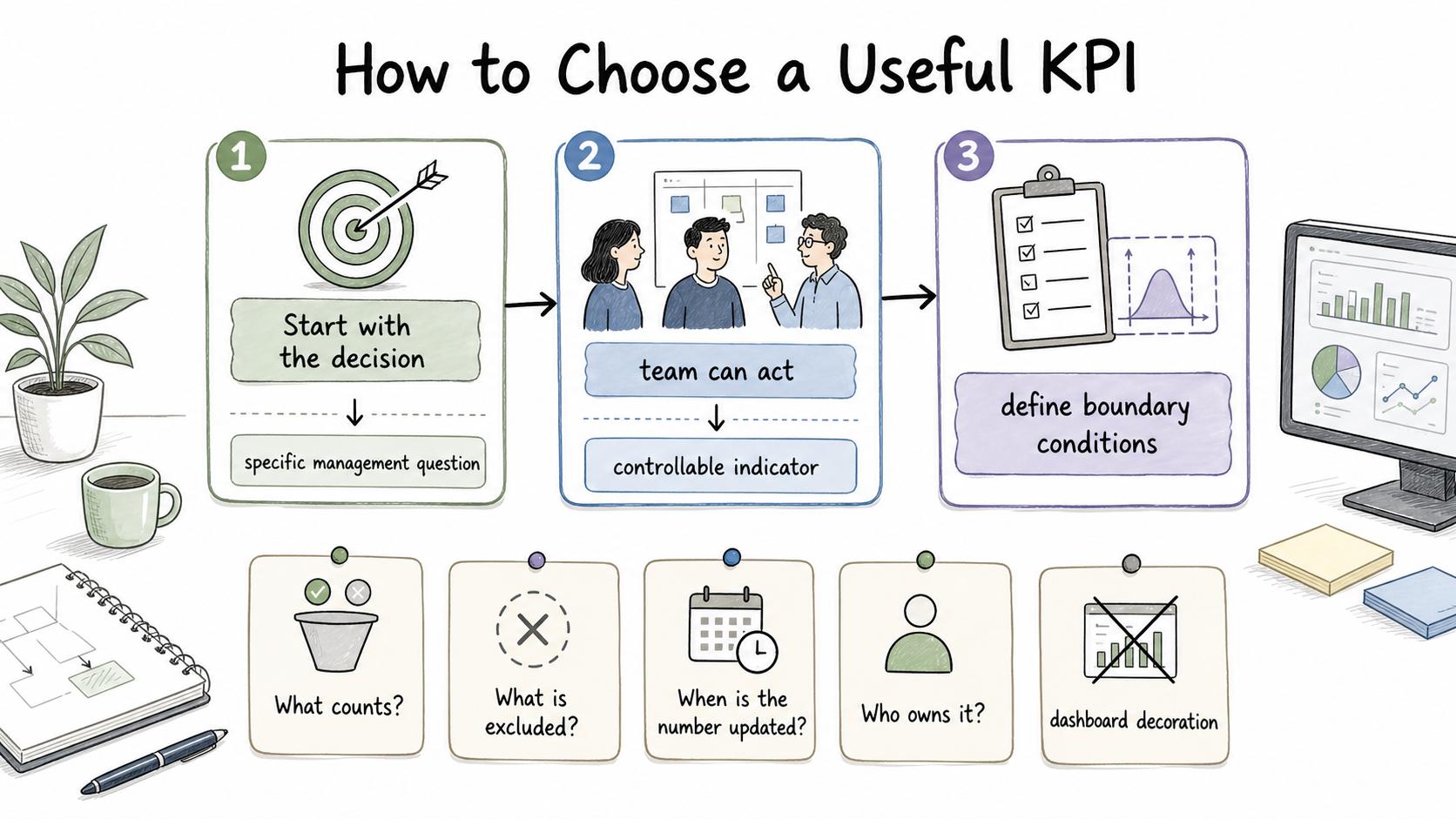 A useful KPI starts with a real decision, stays controllable, and has clear boundary conditions.