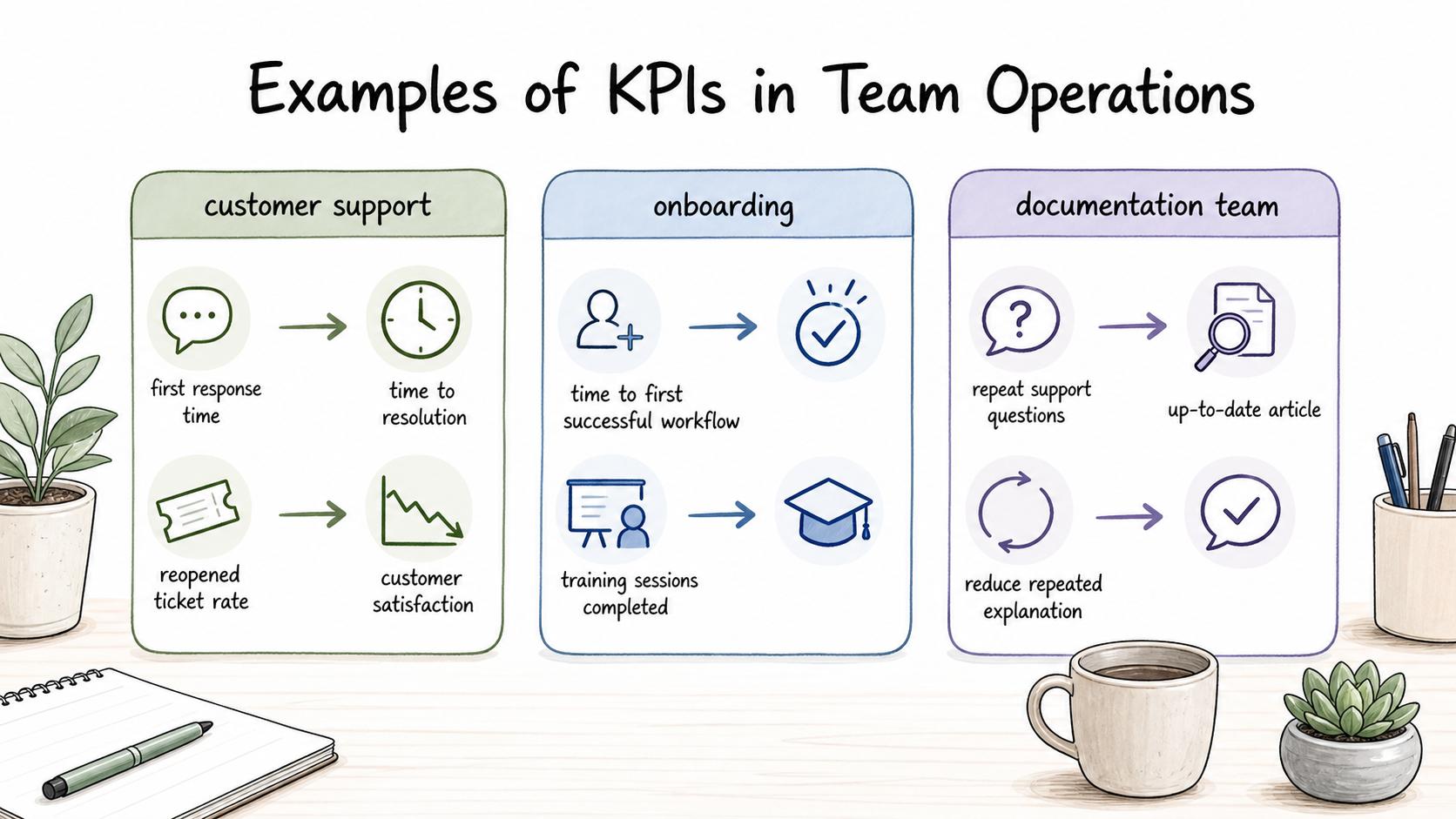 Good team KPIs connect daily work to outcomes, such as resolution quality, workflow readiness, or reduced repeated explanation.