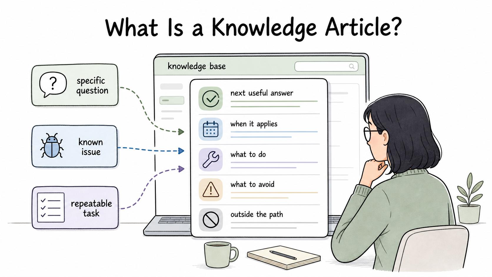 A knowledge article gives a useful answer for one specific question, issue, or repeatable task.