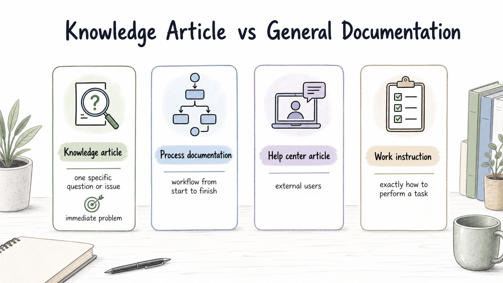 Knowledge articles sit between broad guides and detailed work instructions.
