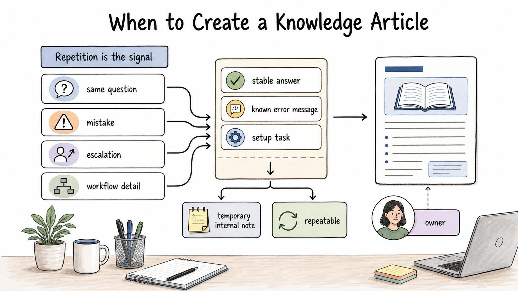 Recurring questions, known errors, and repeatable tasks are good candidates for knowledge articles.