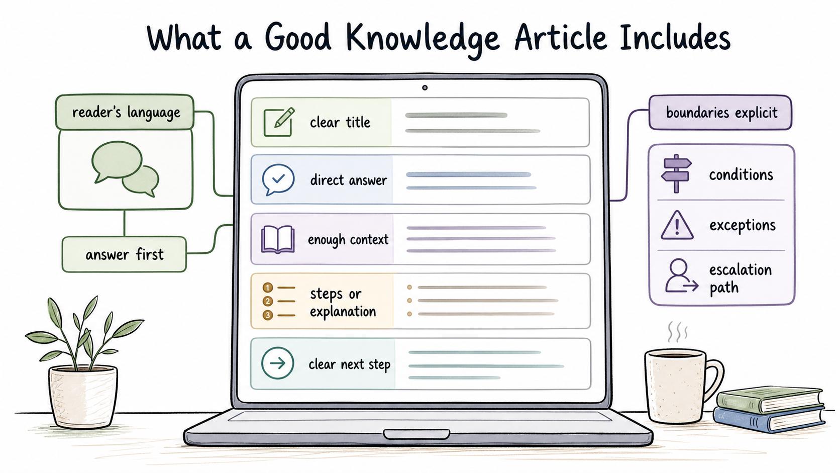 Strong knowledge articles answer first and make conditions, exceptions, and next steps explicit.