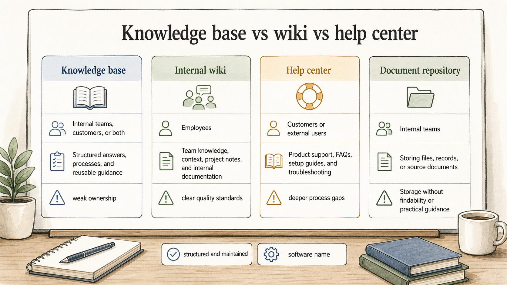 Knowledge base, wiki, help center, and document repository have distinct primary jobs.