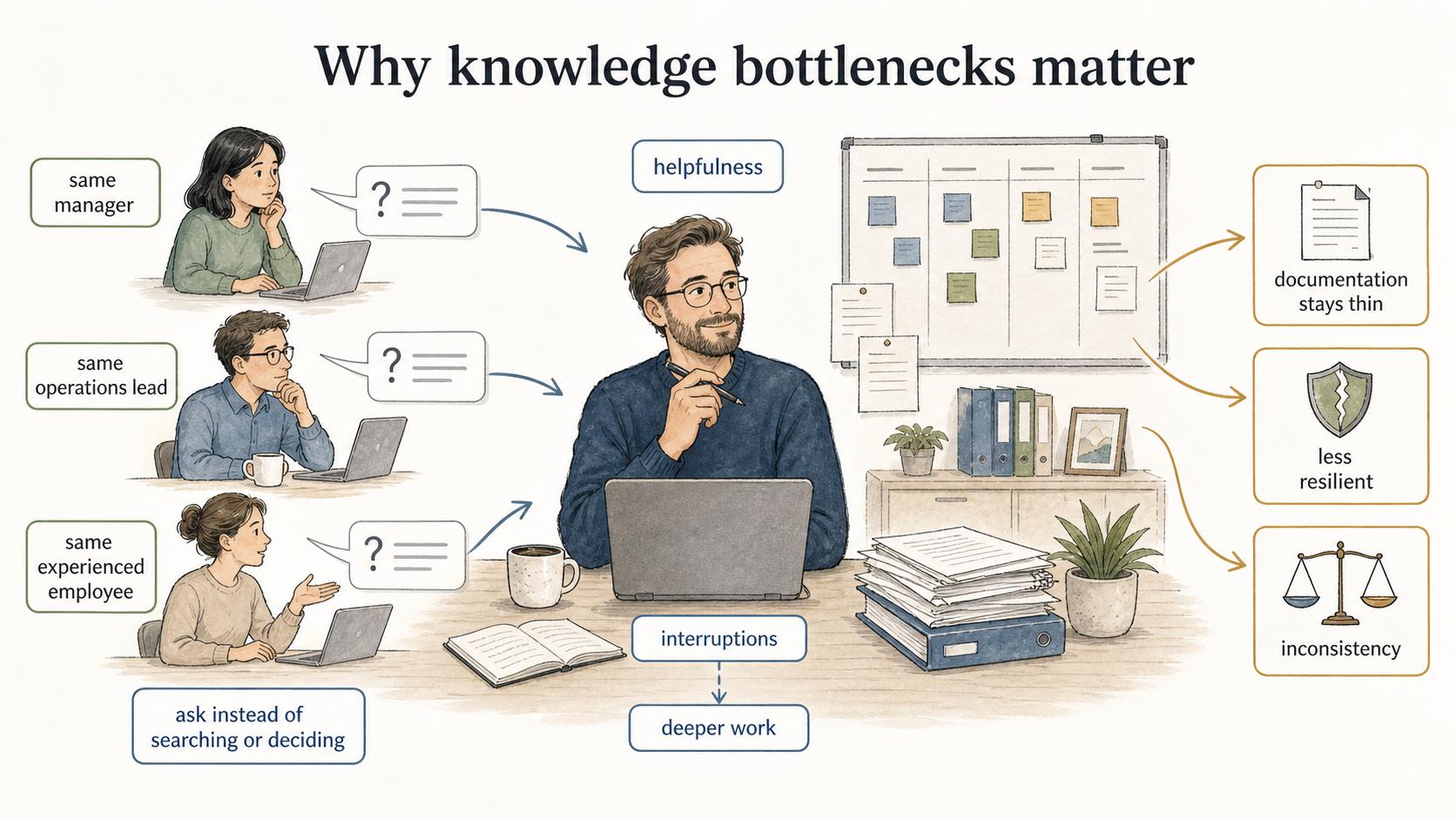 A knowledge bottleneck pulls experts into repeat questions while documentation stays thin.