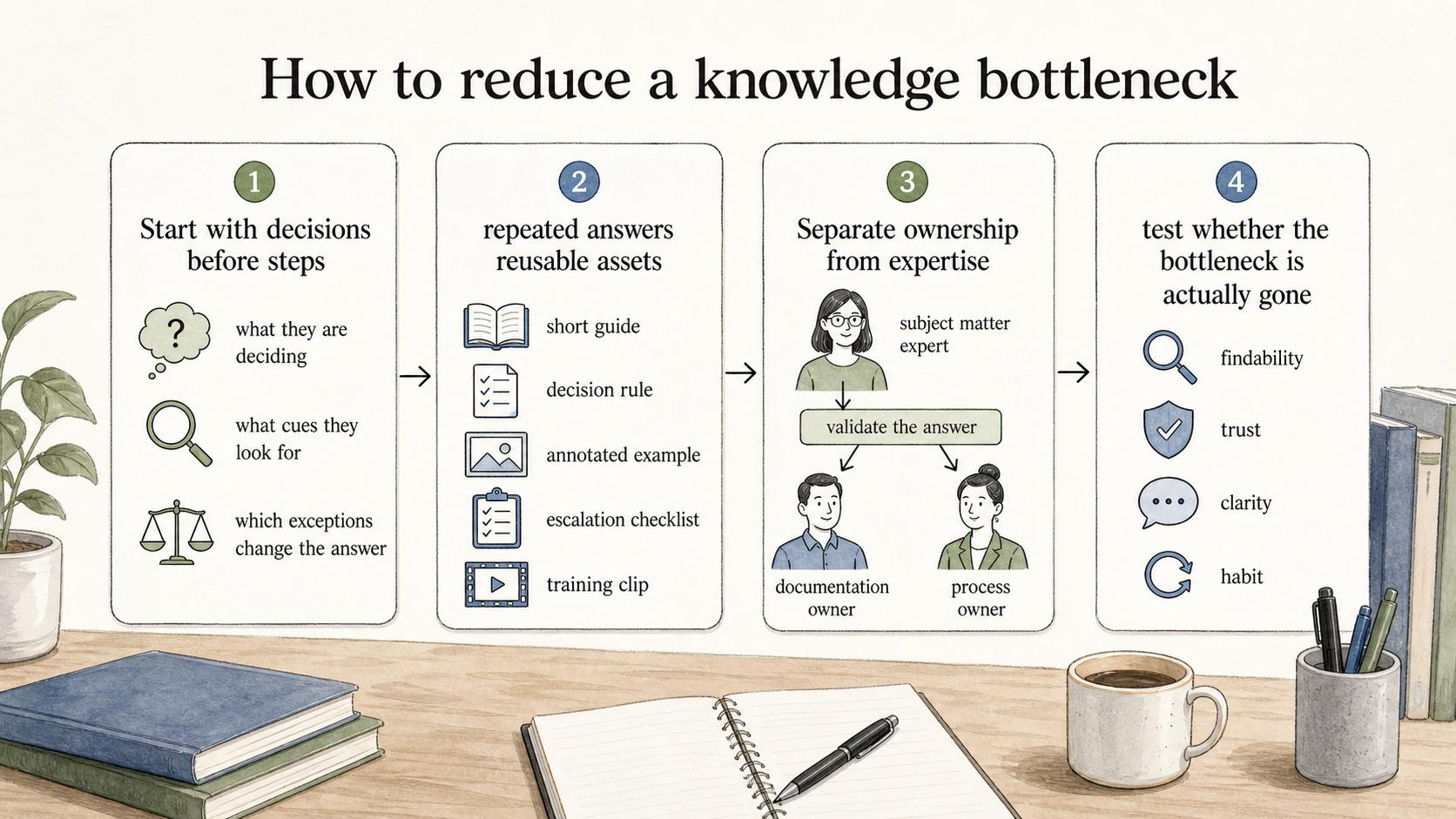 Reducing a knowledge bottleneck requires reusable decision guidance and clear ownership.