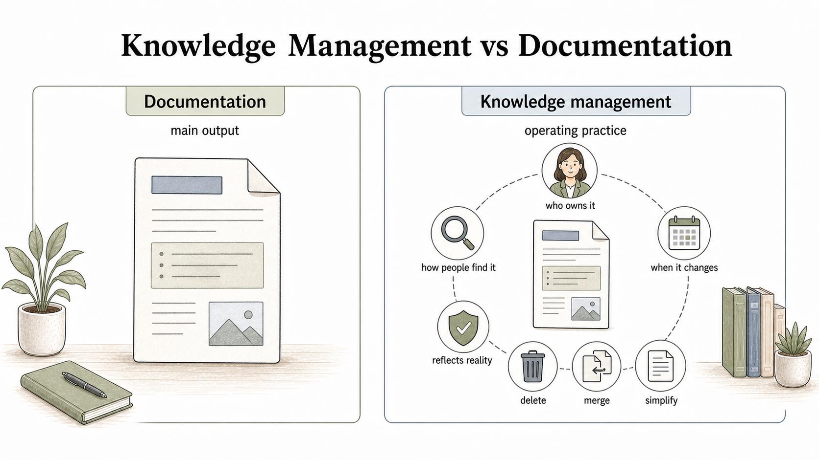 Documentation is one output; knowledge management is the operating practice that keeps knowledge owned, findable, current, and aligned with reality.