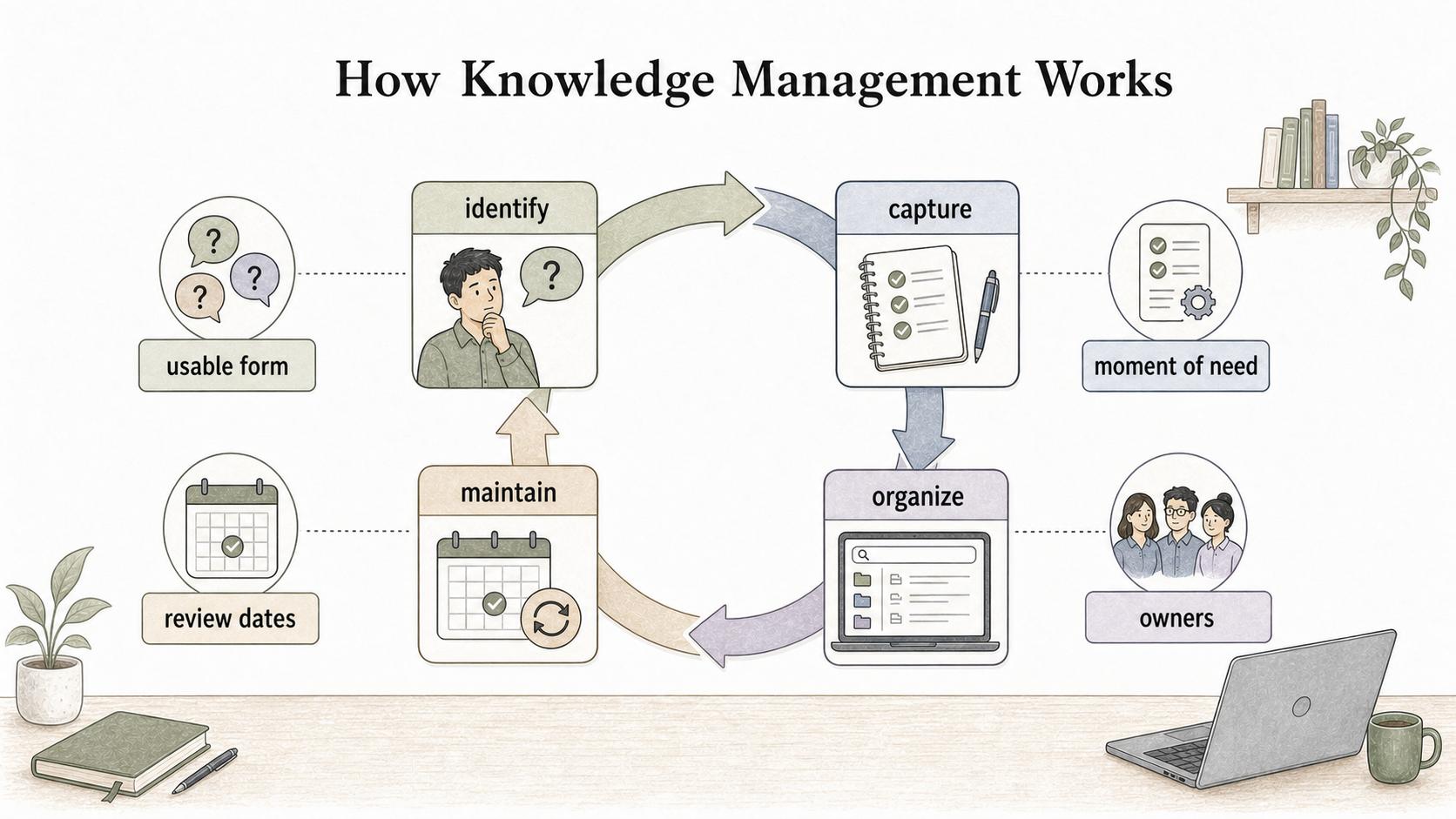 Knowledge management works as a loop: identify, capture, organize, and maintain knowledge so it stays useful in the moment of need.