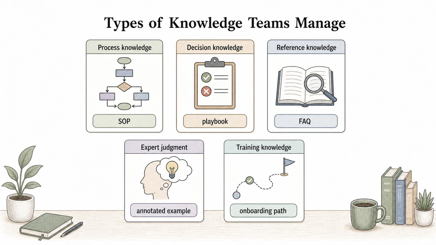 Different knowledge types need different capture formats, from SOPs and playbooks to FAQs, annotated examples, and onboarding paths.