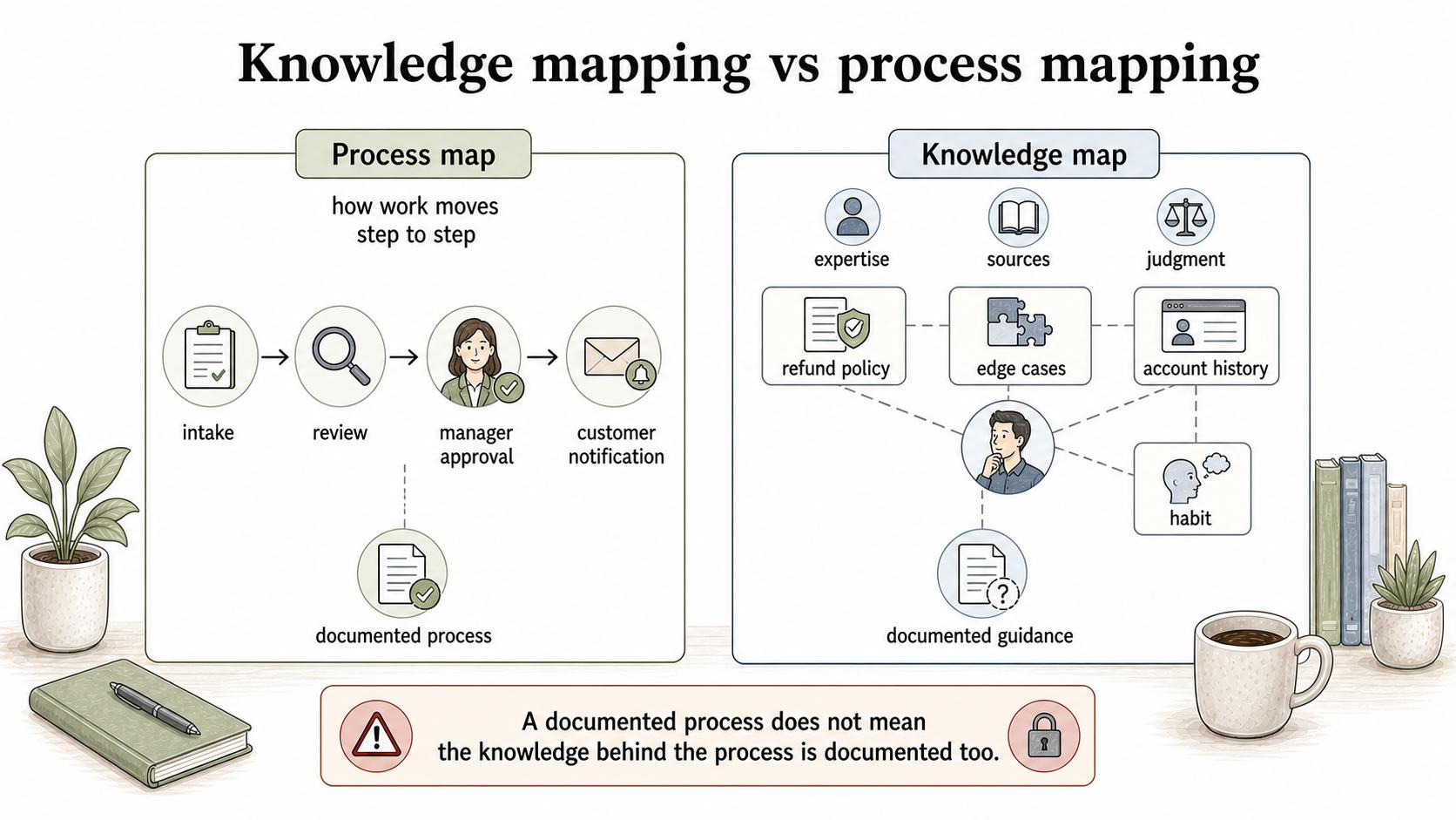 A process map shows how refund approvals move step to step; a knowledge map shows the expertise, sources, systems, and judgment behind those steps.