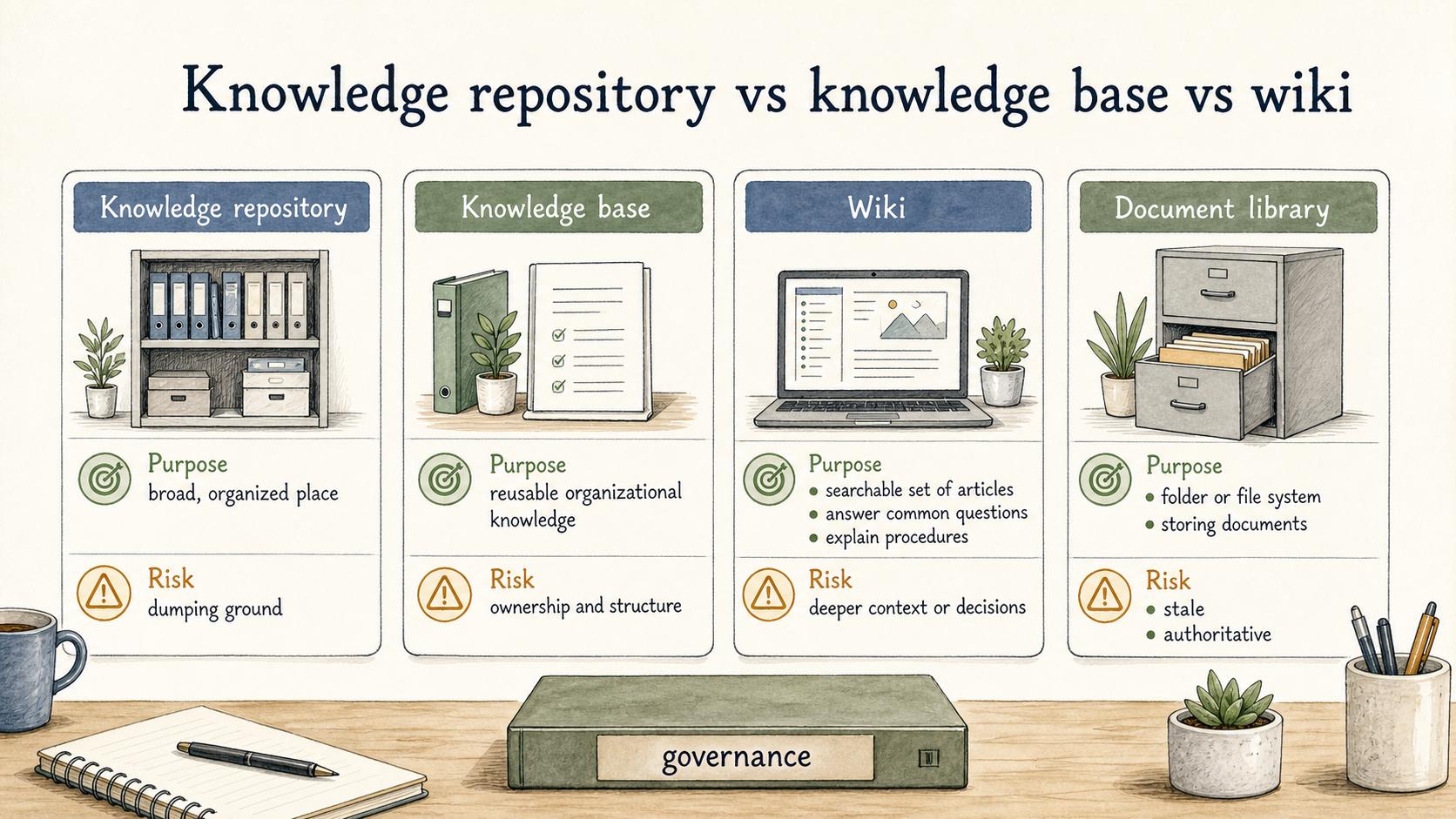 A repository can include a knowledge base, wiki pages, and document libraries, but governance keeps each source useful and trustworthy.