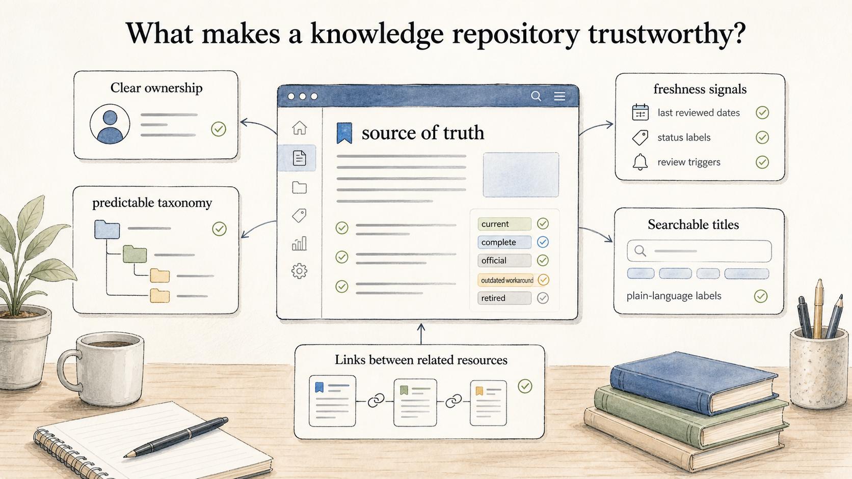 A trusted repository depends on ownership, taxonomy, freshness signals, searchable labels, and links between related resources.