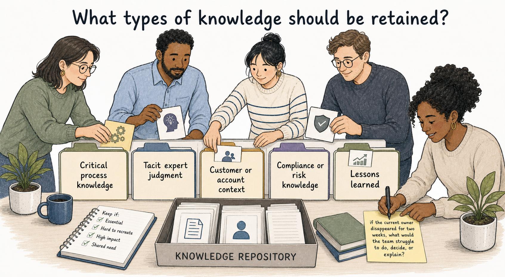 Knowledge retention usually focuses on know-how that is difficult to recreate quickly.
