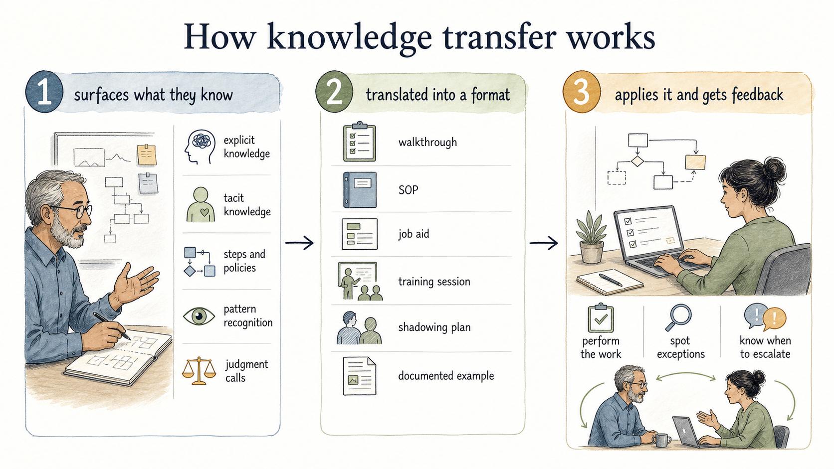 Knowledge transfer moves from surfacing expertise, to translating it into usable formats, to applying it with feedback.