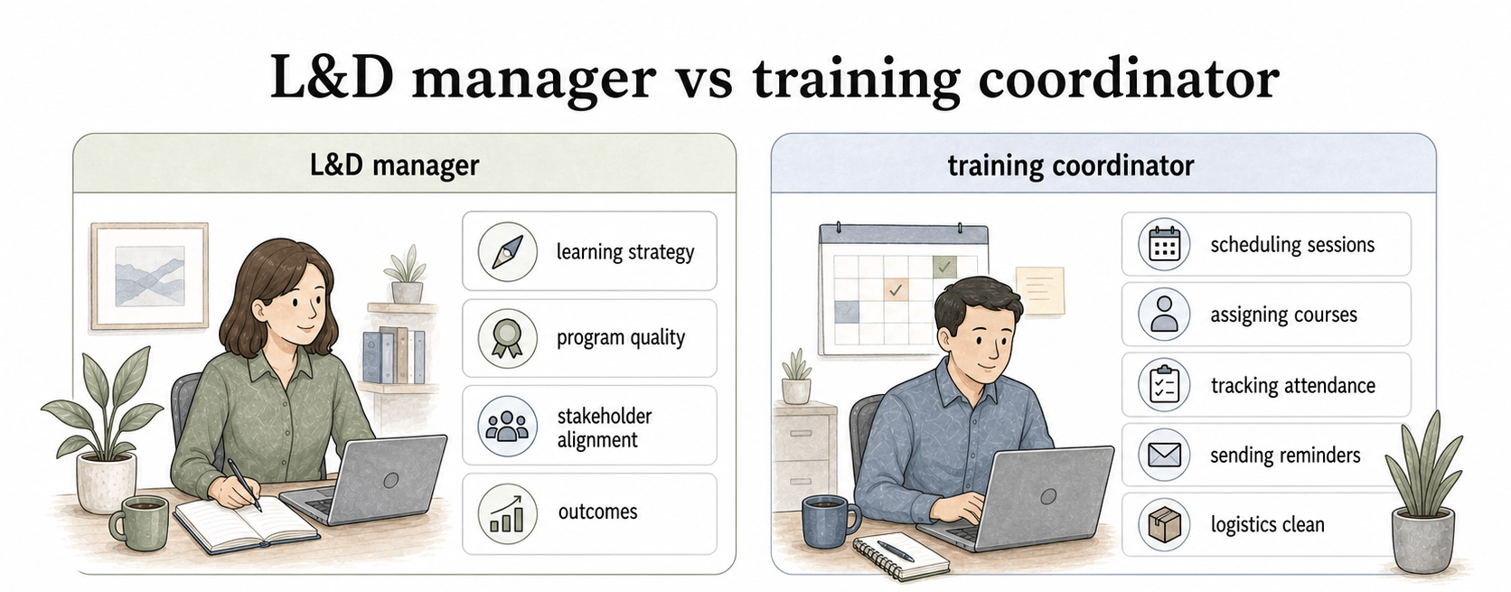 Training coordinators own logistics while L&D managers own learning architecture and outcomes.