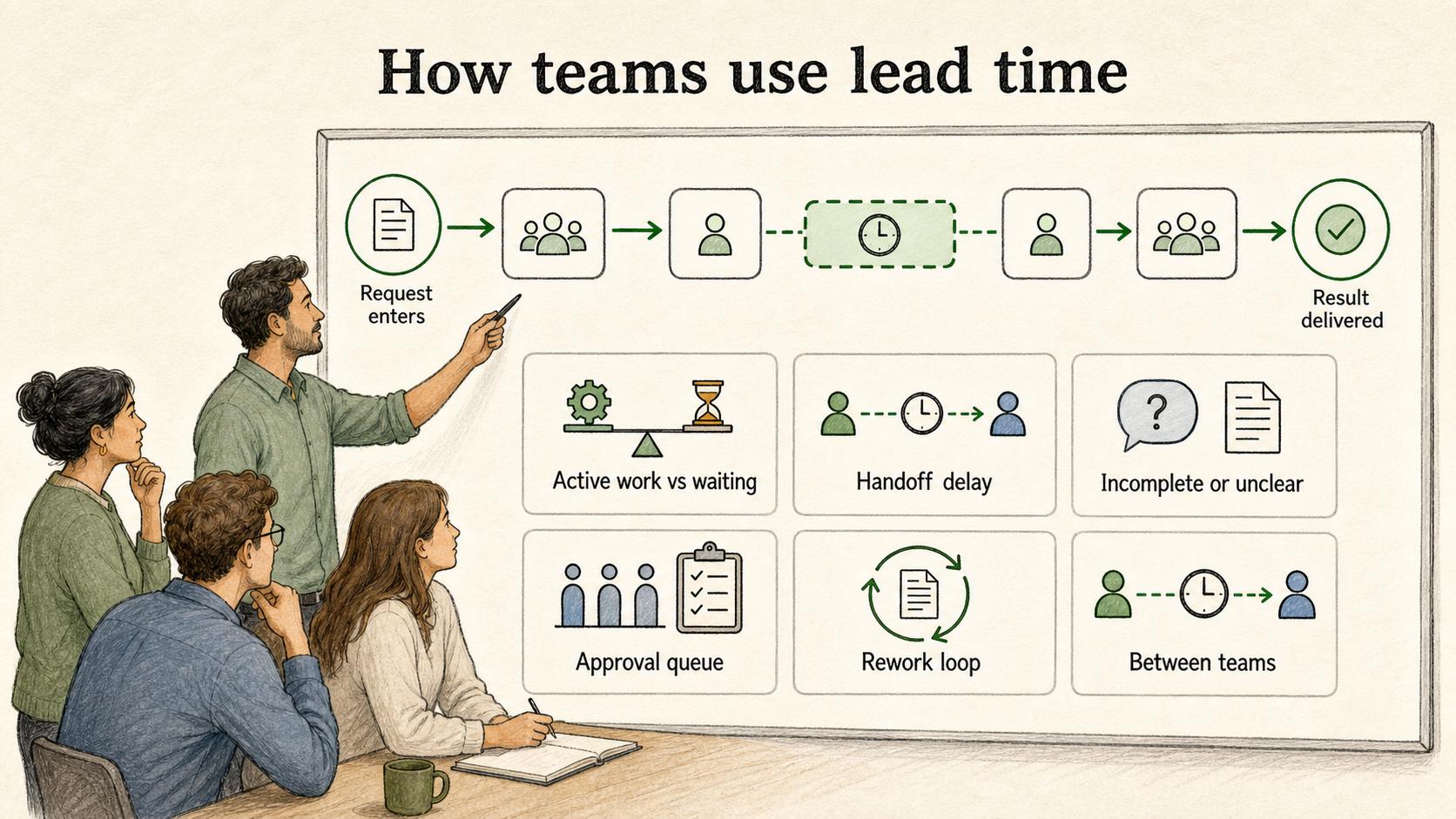 A lead-time review separates active work from waiting and identifies queues.