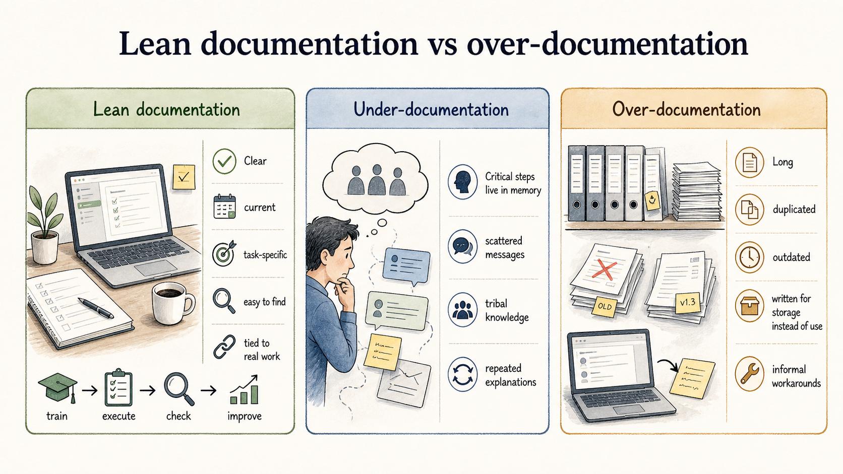 Lean documentation is clear, current, task-specific, easy to find, and tied to real work.
