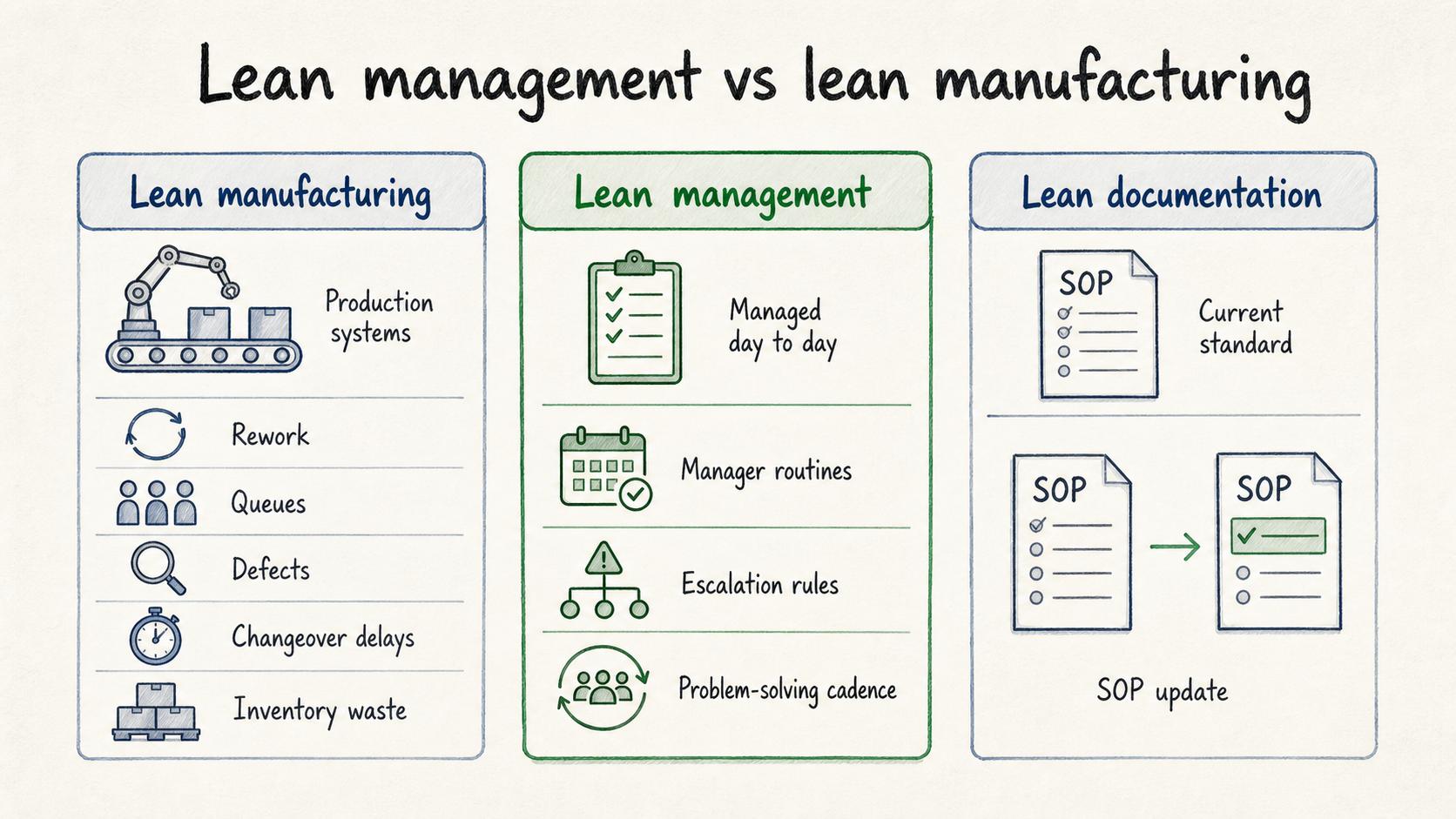 Lean manufacturing improves production flow; lean management improves how work is managed and improved day to day.