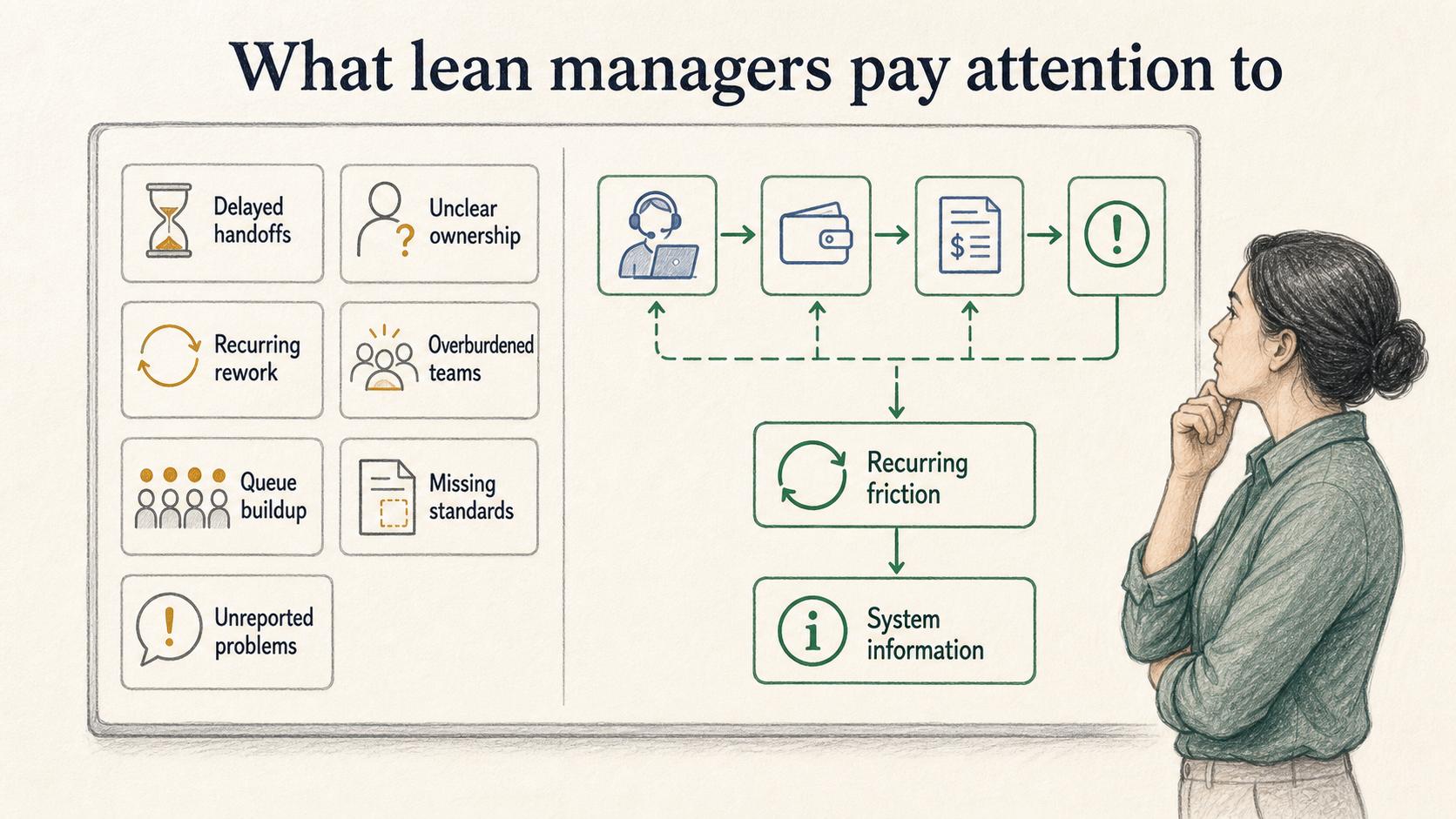 Lean managers treat recurring friction as information about the system, not just a reason to remind people.