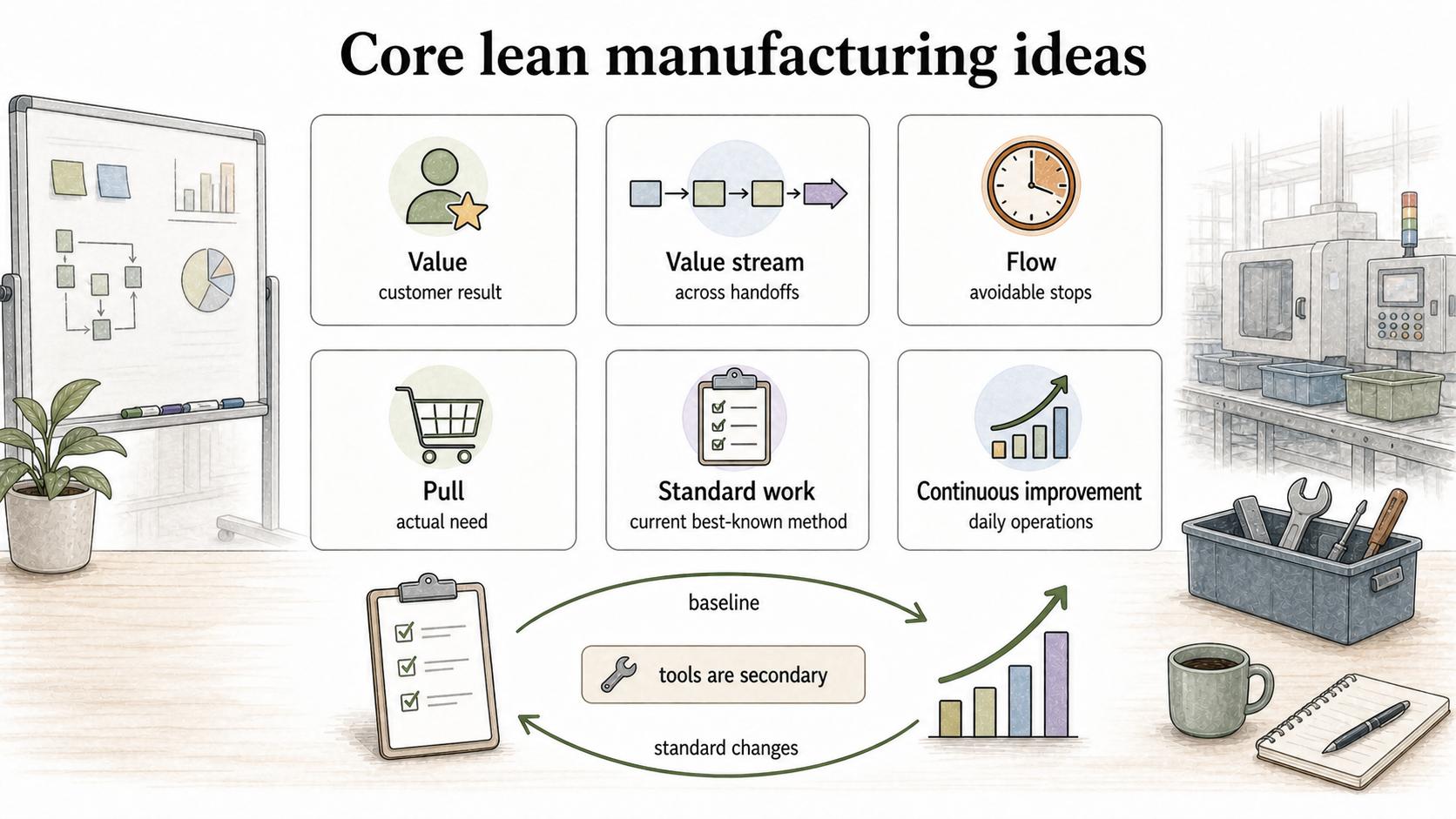 The core lean ideas connect customer value, flow, pull, standard work, and continuous improvement into a practical operating logic.