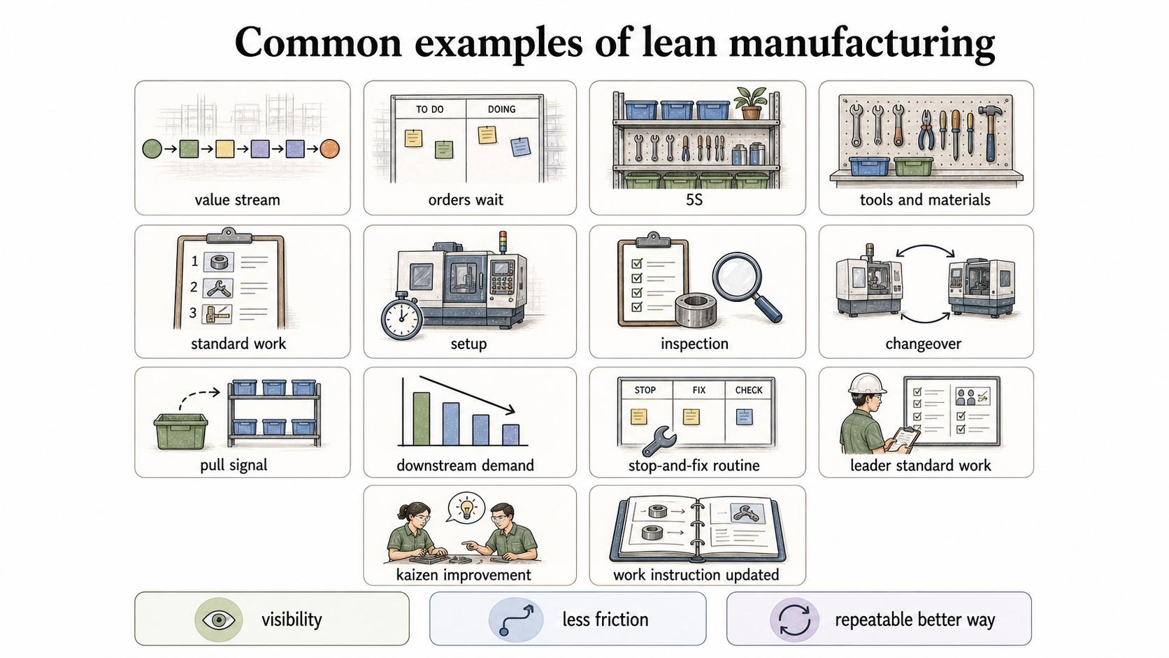 Lean improvements show up as visible work changes: 5S, pull signals, standard work, stop-and-fix routines, and updated instructions.