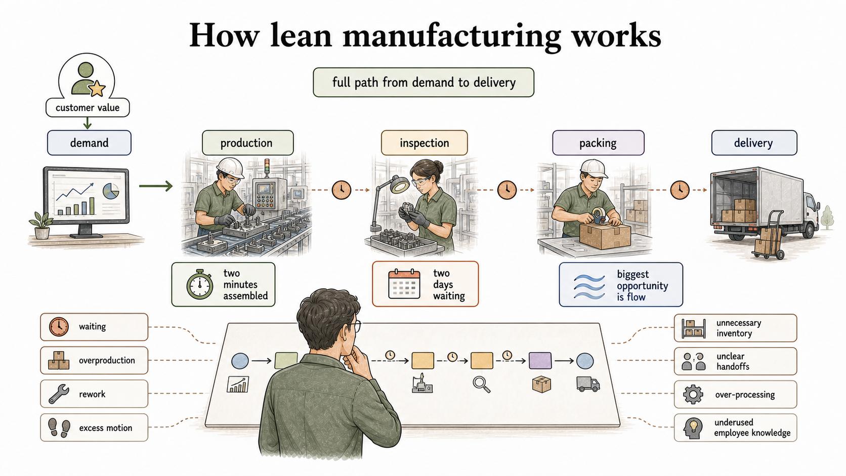 Lean manufacturing starts with customer value, then looks across demand, production, inspection, packing, and delivery to find where flow breaks.