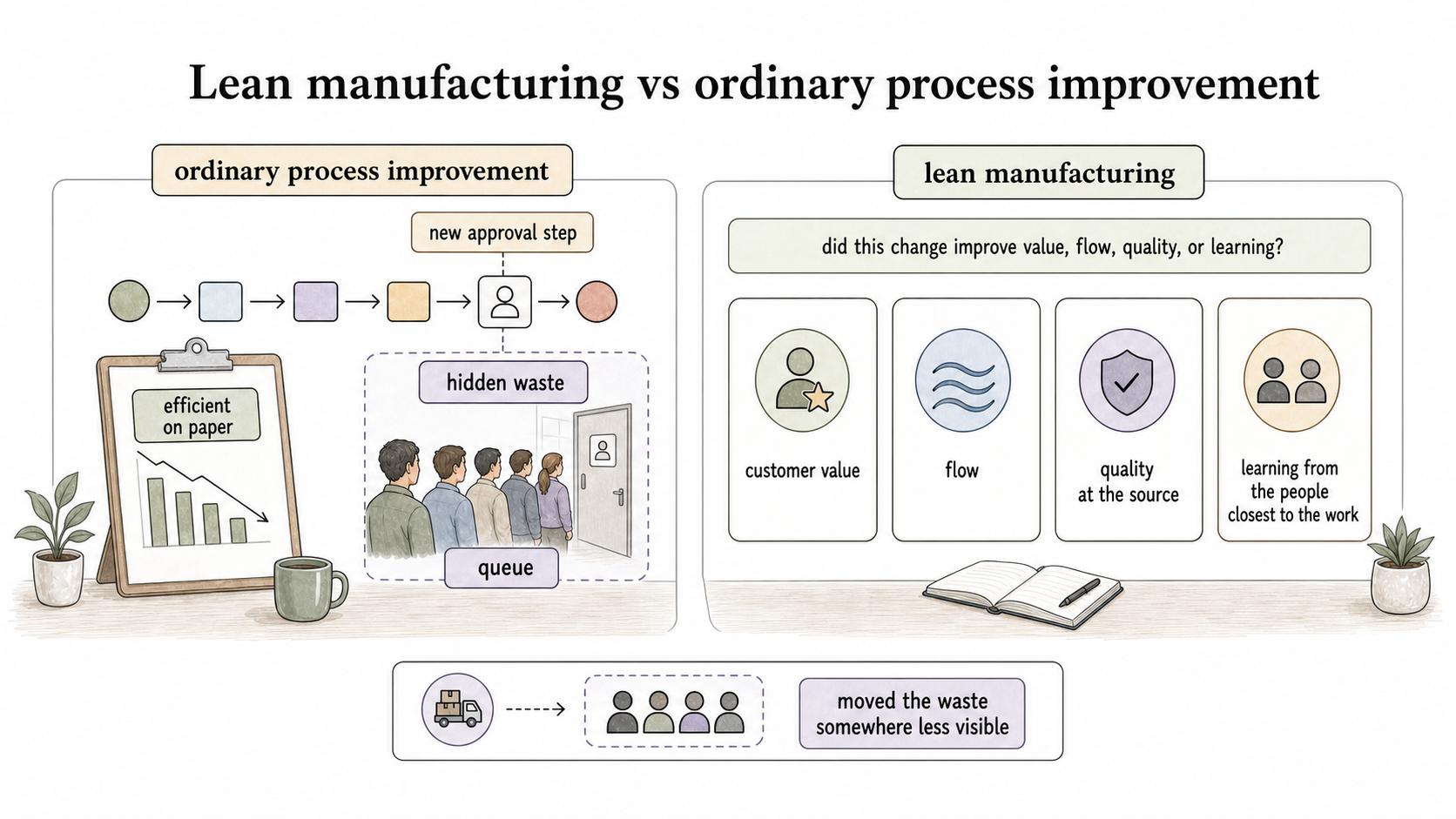 Lean thinking tests whether a change improves value, flow, quality, or learning instead of simply looking efficient on paper.