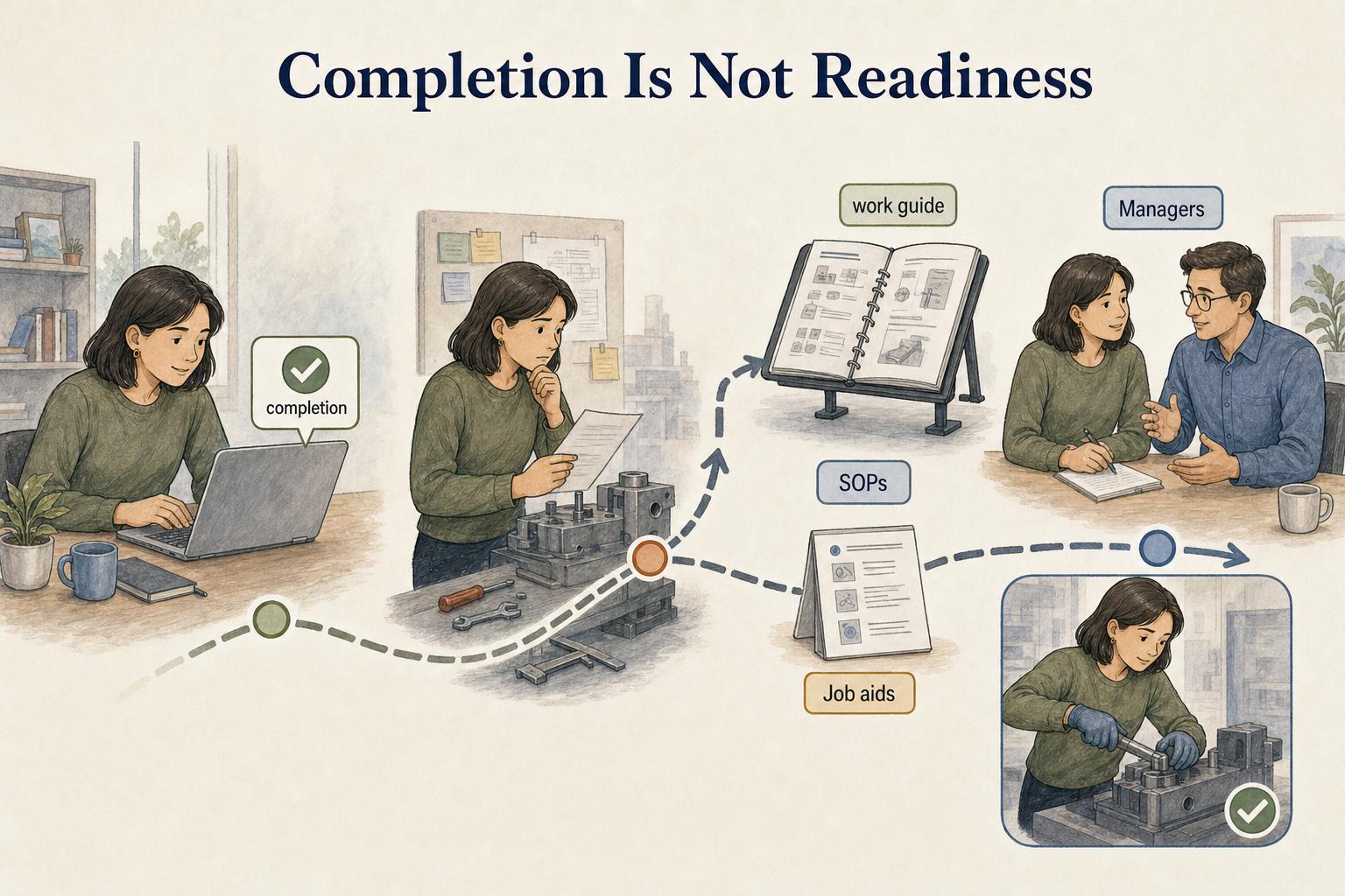 Course completion is one milestone; readiness comes from applying learning with job aids, SOPs, and manager feedback.