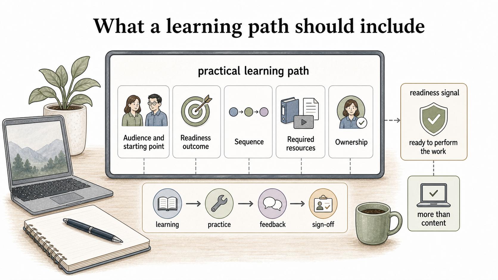 A practical learning path defines the audience, outcome, sequence, resources, ownership, and readiness signal behind the training.