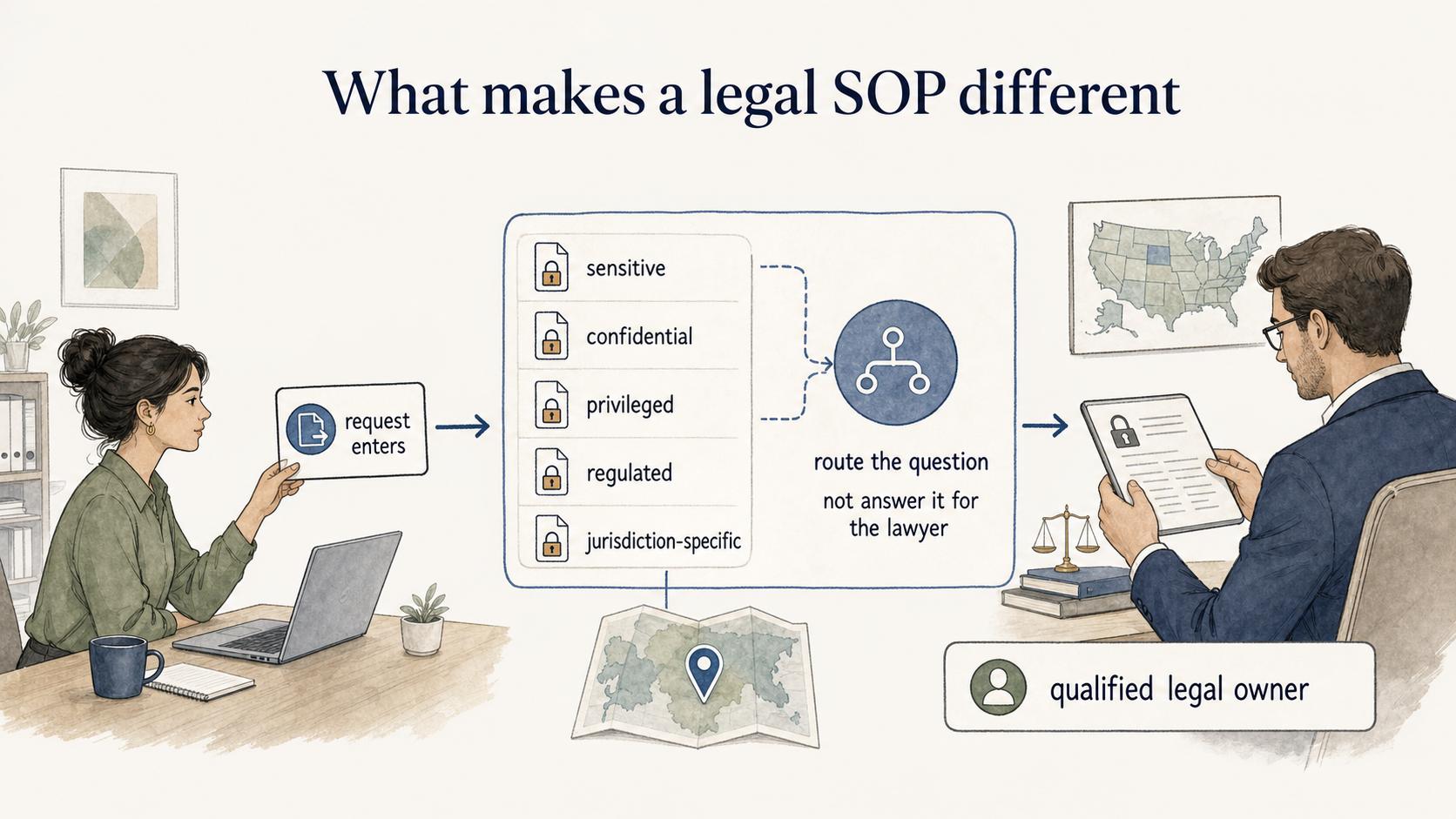 A legal SOP should route sensitive, confidential, privileged, or regulated work to the right legal owner instead of answering legal questions for them.