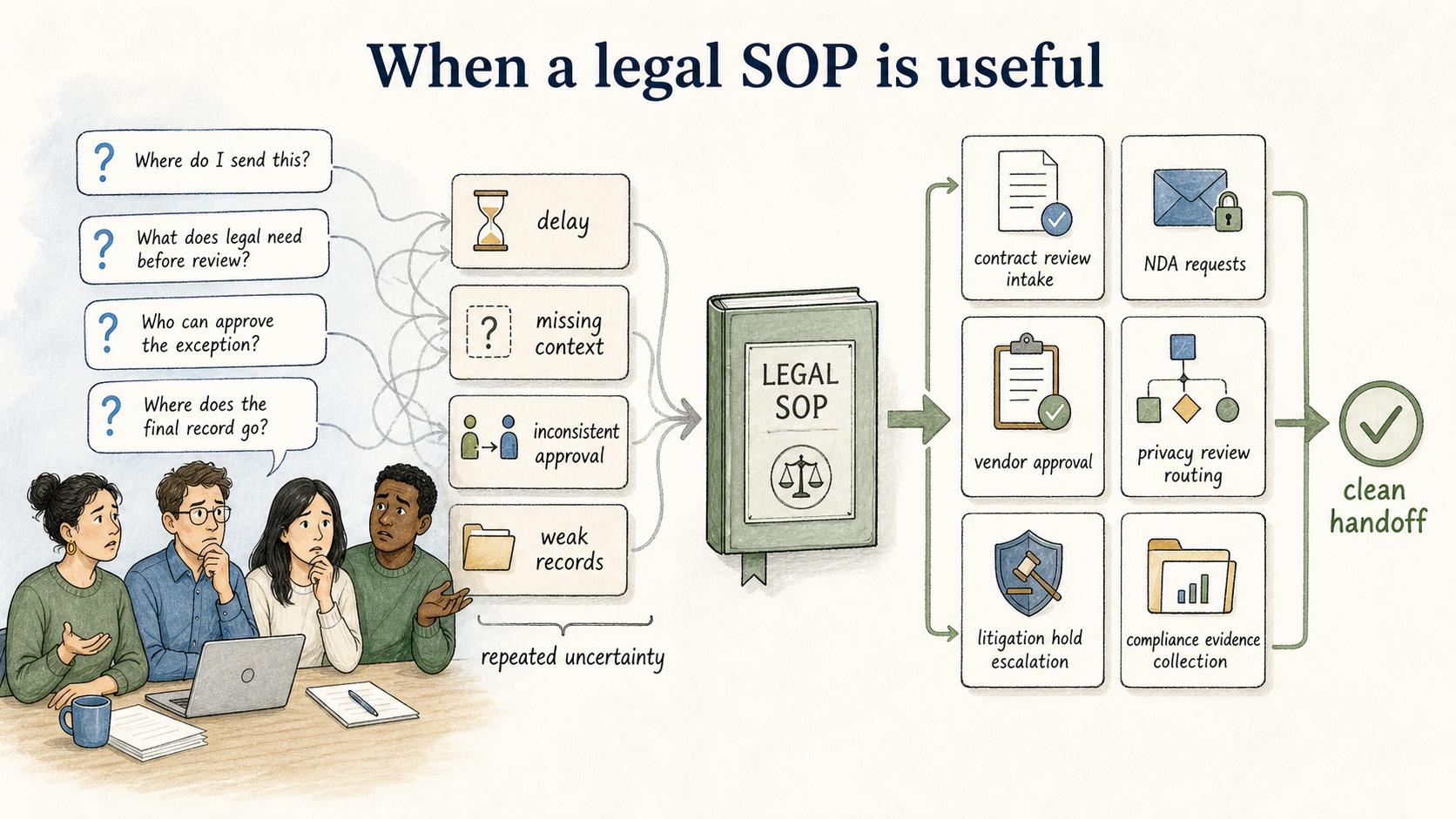 A legal SOP is useful when repeated uncertainty creates delay, missing context, inconsistent approval, or weak records.
