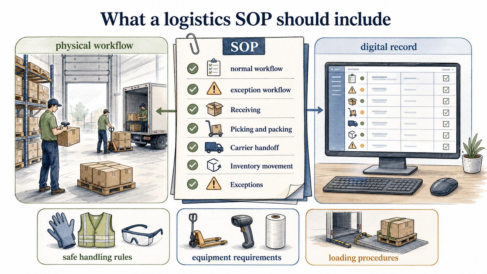 A strong logistics SOP covers both the normal workflow and the exception workflow, connecting warehouse steps to the digital record.