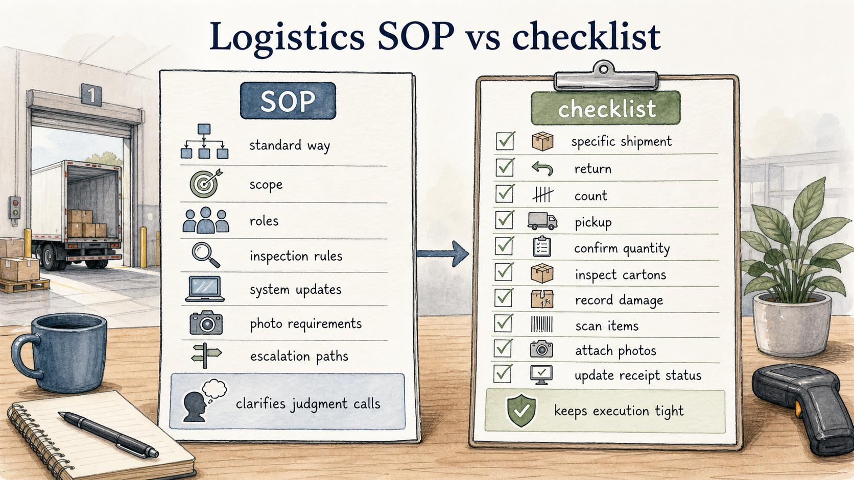 The SOP explains the standard workflow, while the checklist helps confirm that a specific shipment, return, count, or pickup followed it.
