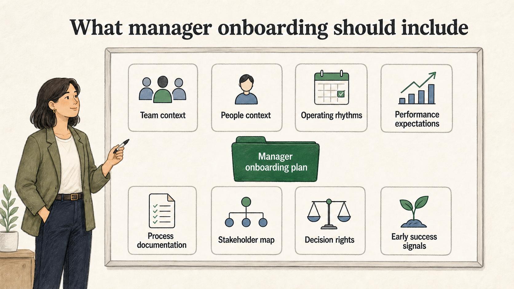 A strong manager onboarding plan brings together team context, operating rhythms, decision rights, documentation, and early success signals.