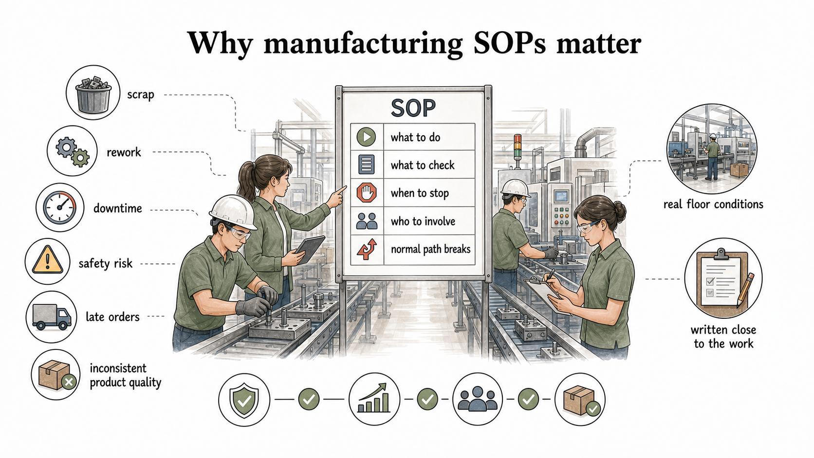 A manufacturing SOP makes the current standard visible on the floor, helping teams know what to do, what to check, when to stop, and who to involve.