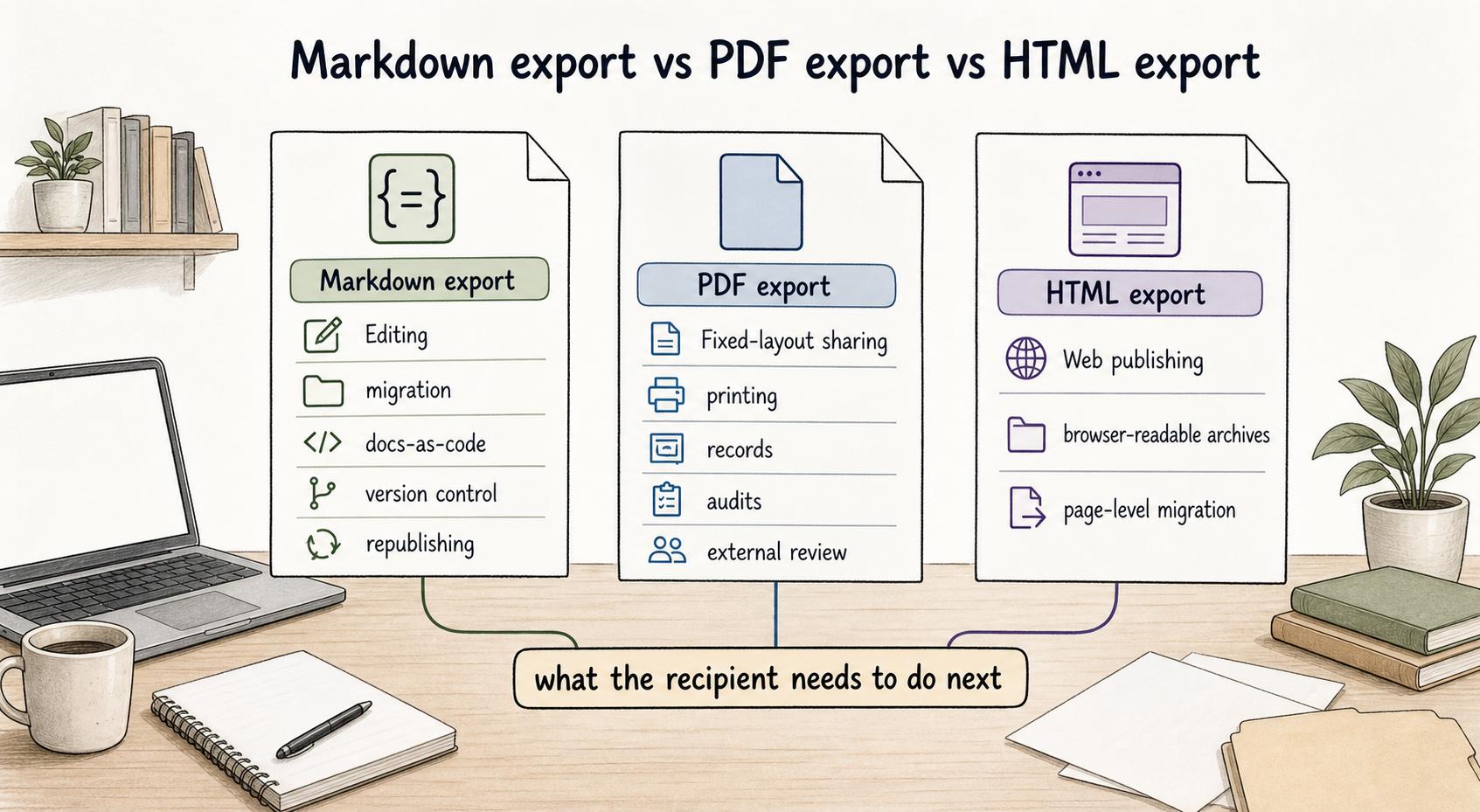 Markdown is strongest when the next step is editing or migration; PDF and HTML are better for fixed-layout sharing or web-readable archives.