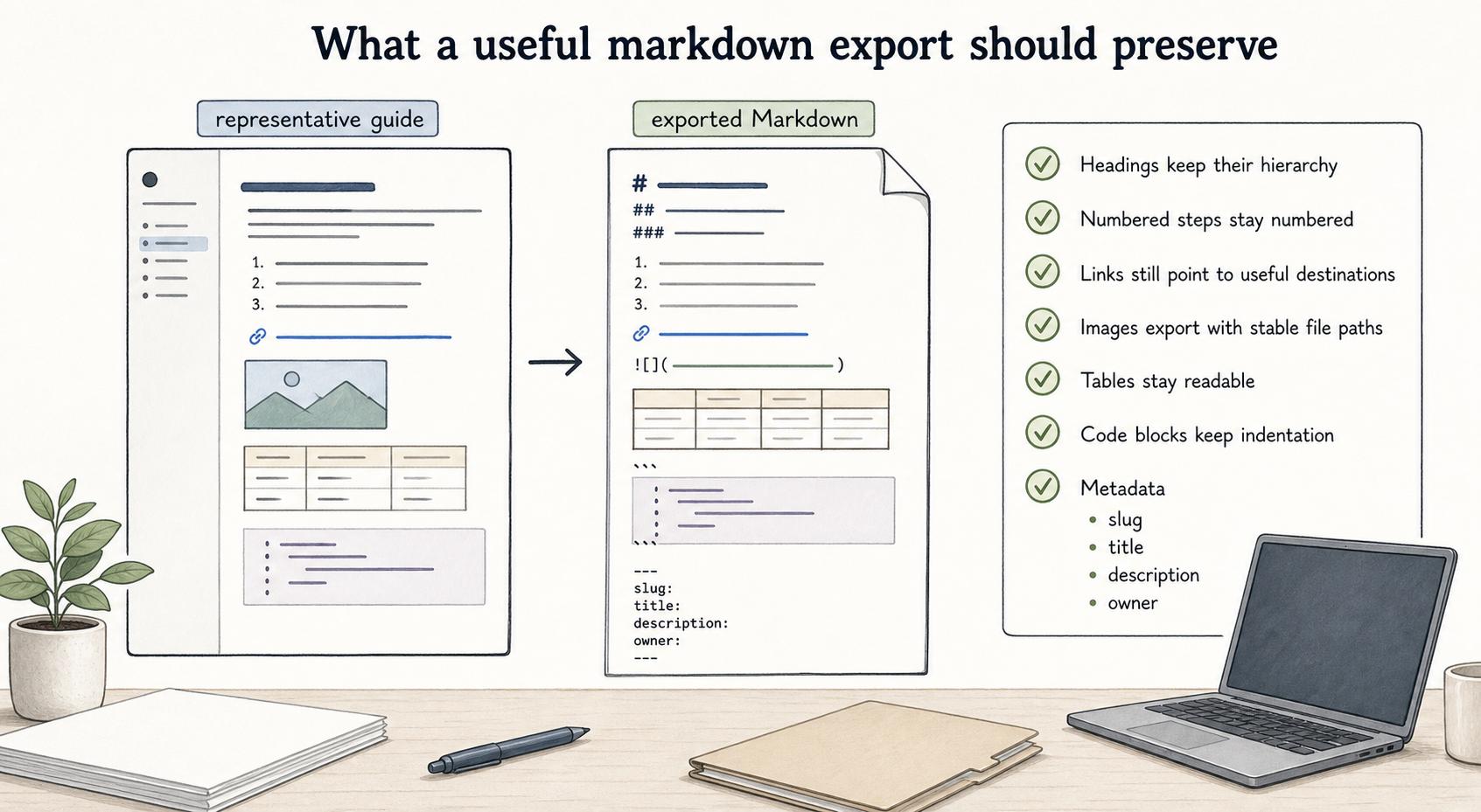 Before relying on an export workflow, test whether headings, numbered steps, links, images, tables, code blocks, and metadata survive.