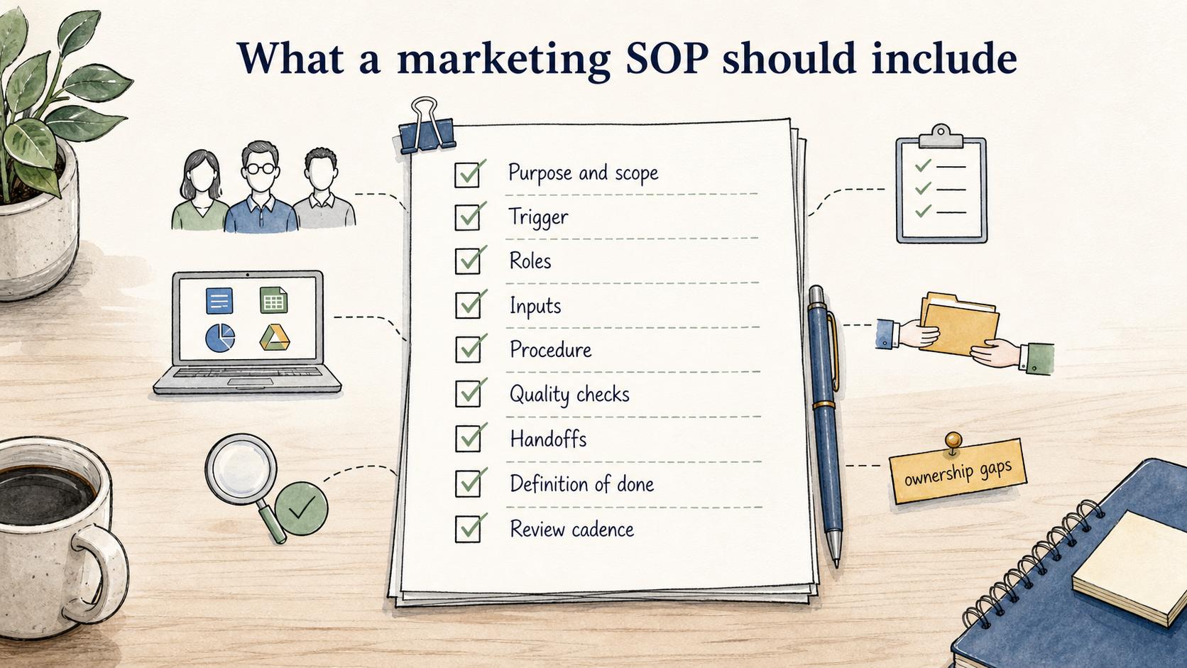 A useful marketing SOP defines the trigger, roles, inputs, steps, quality checks, handoffs, definition of done, and review cadence.