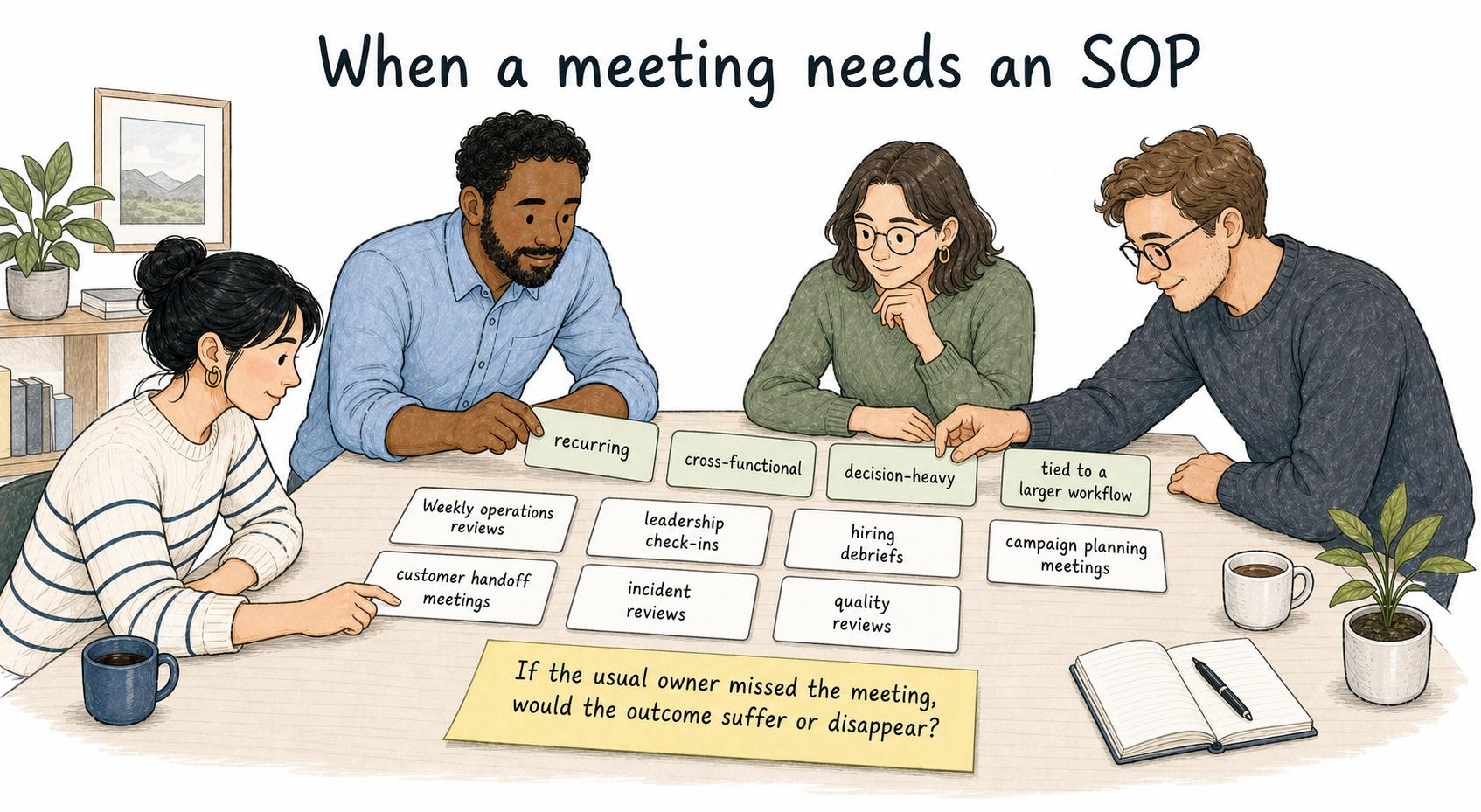 A meeting usually deserves an SOP when it is recurring, cross-functional, decision-heavy, or tied to a larger workflow.