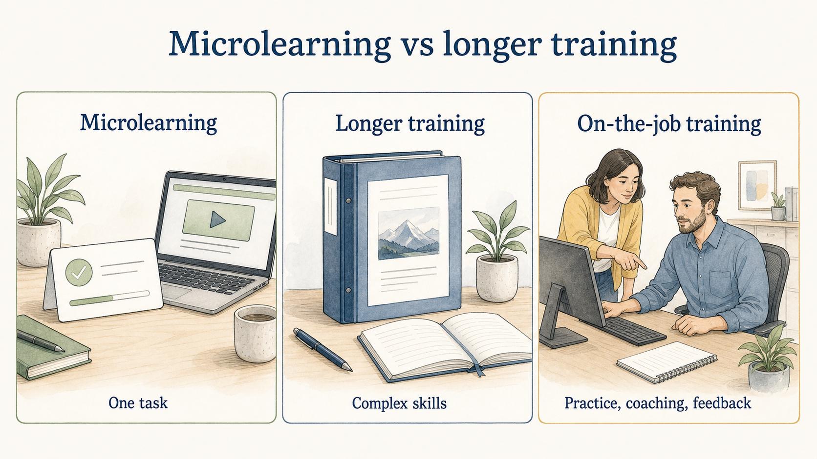Use microlearning for one task or refresher, longer training for context, and on-the-job training for practice and feedback.
