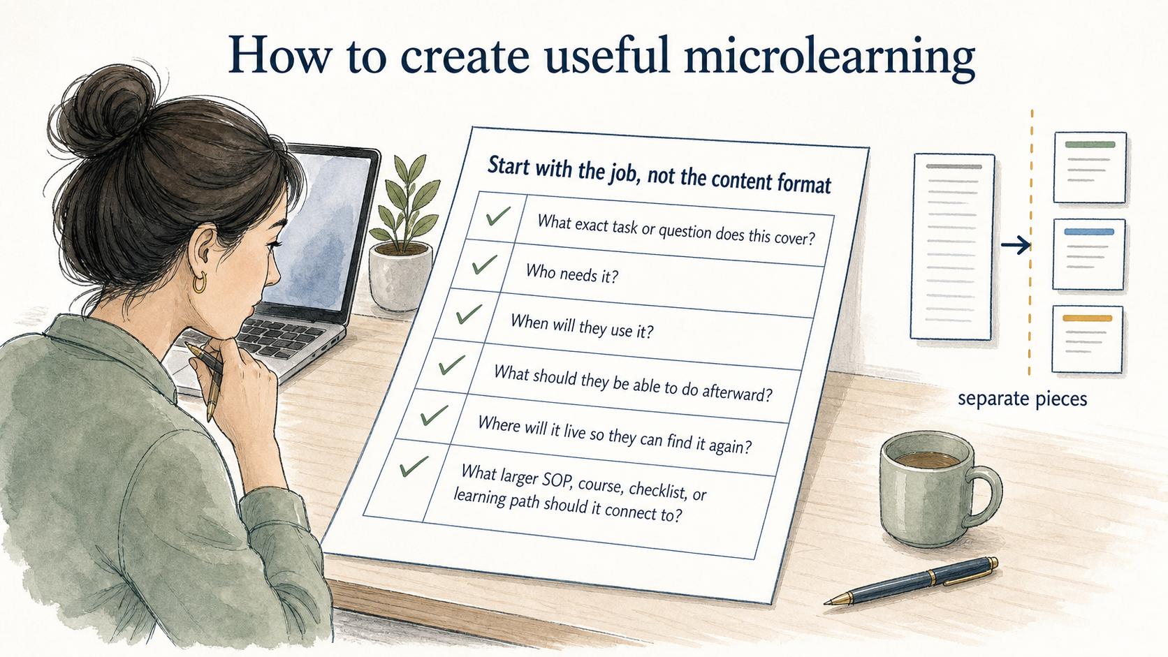 Start with the job, then define the task, audience, moment of use, outcome, location, and connected source material.