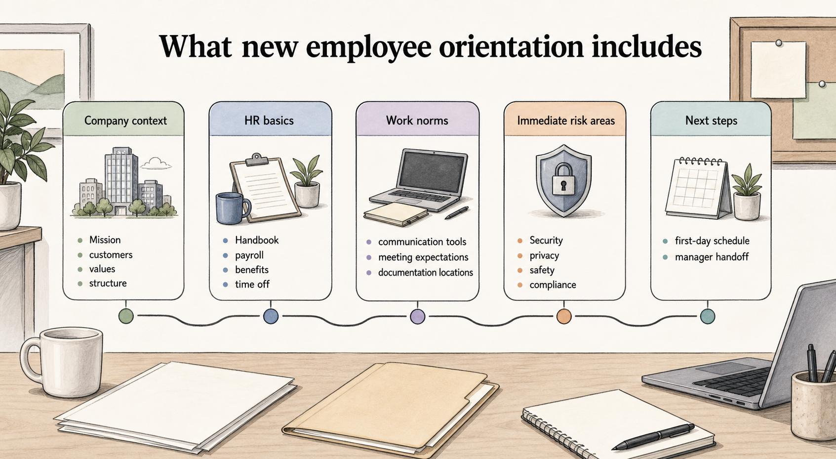 A strong orientation program gives employees a selective first-day map: company context, HR basics, work norms, immediate risks, and next steps.