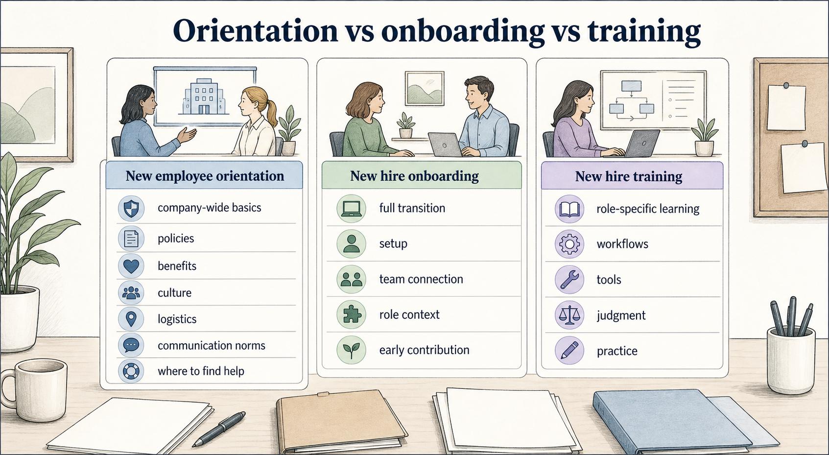 Orientation introduces company-wide basics, onboarding manages the full transition, and training teaches role-specific work.