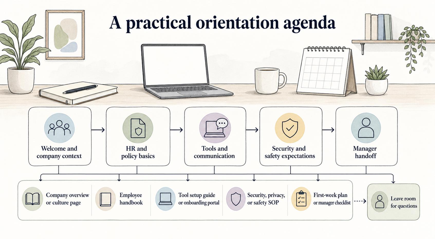 A useful agenda pairs each orientation topic with a follow-up resource and leaves room for questions.