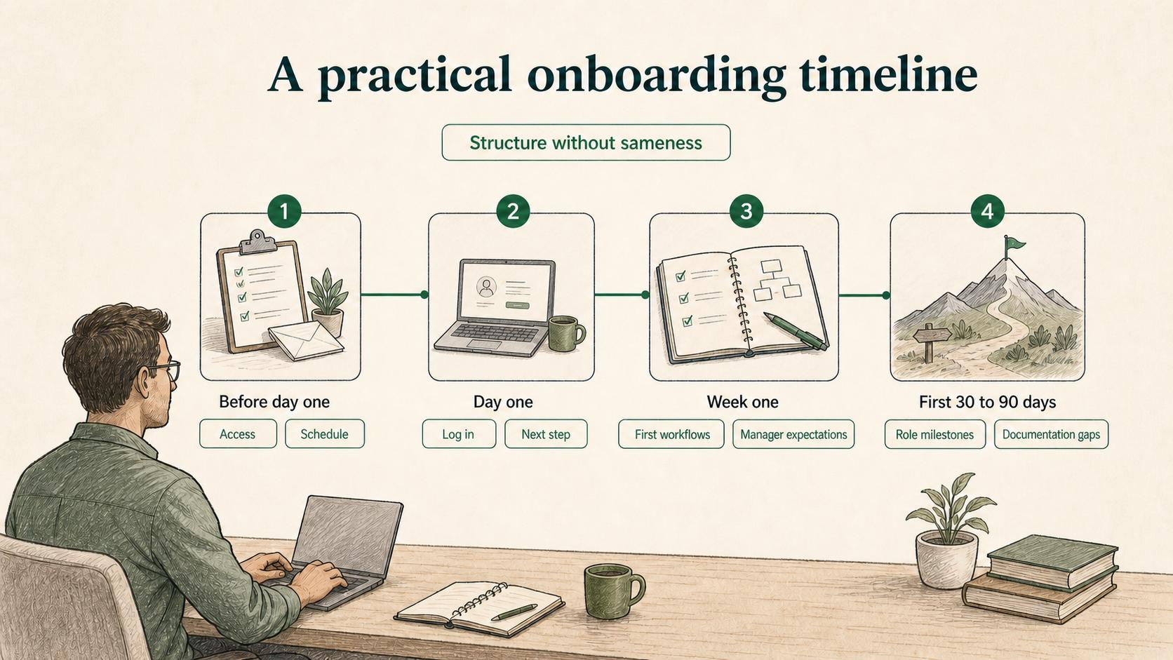 A practical onboarding timeline gives structure before day one, on day one, during week one, and through the first 30 to 90 days.