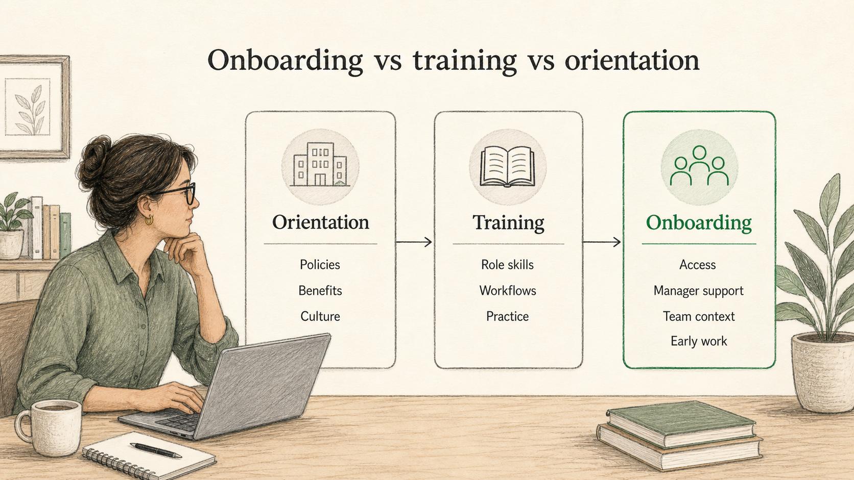 Orientation covers company basics, training builds role skills, and onboarding connects both to access, support, team context, and early work.