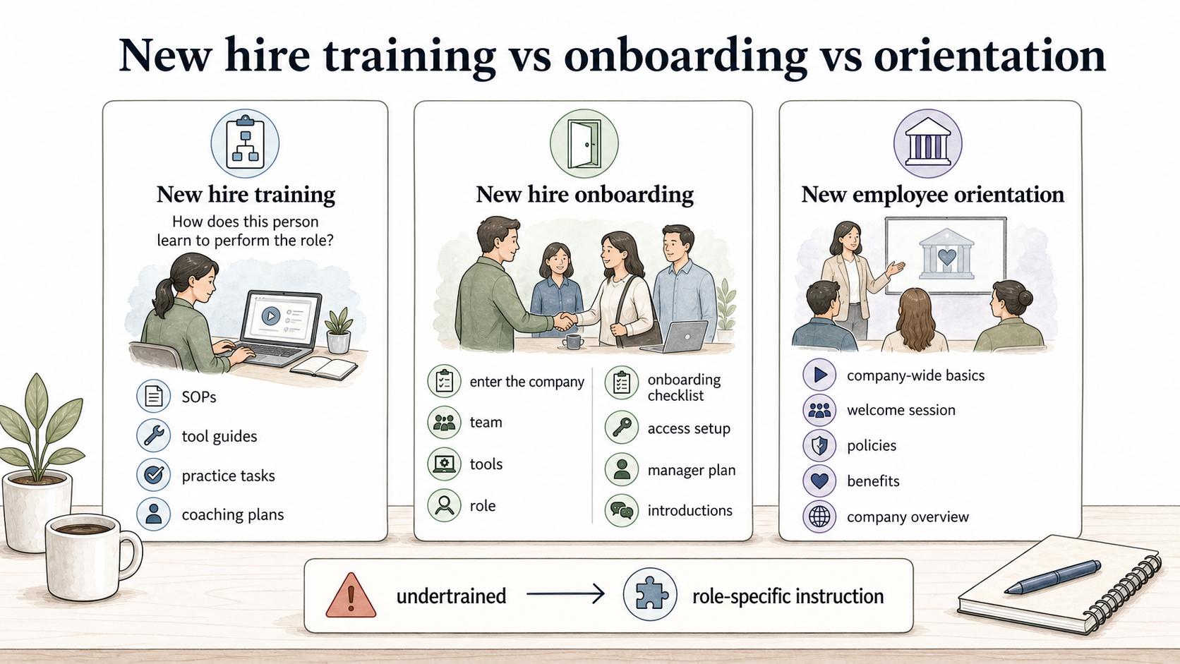 Training teaches the role, onboarding helps the person enter the team and tools, and orientation covers company-wide basics.