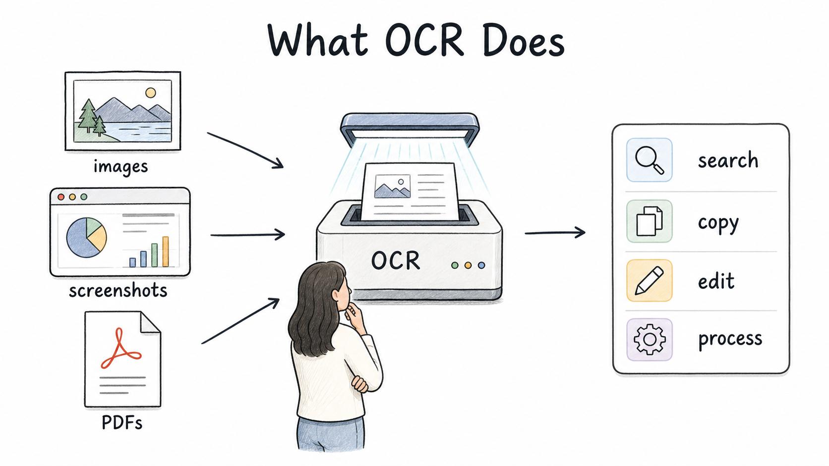 OCR turns text trapped in images, screenshots, and PDFs into text teams can search, copy, edit, and process.