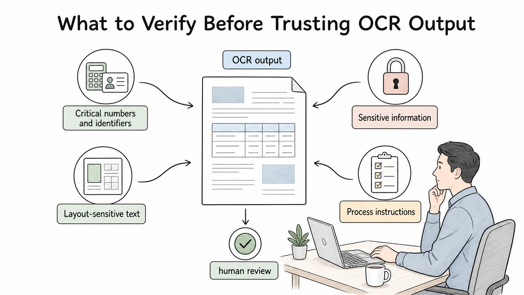 OCR output should be reviewed for critical identifiers, layout-sensitive text, sensitive information, and process instructions before publishing or automation.