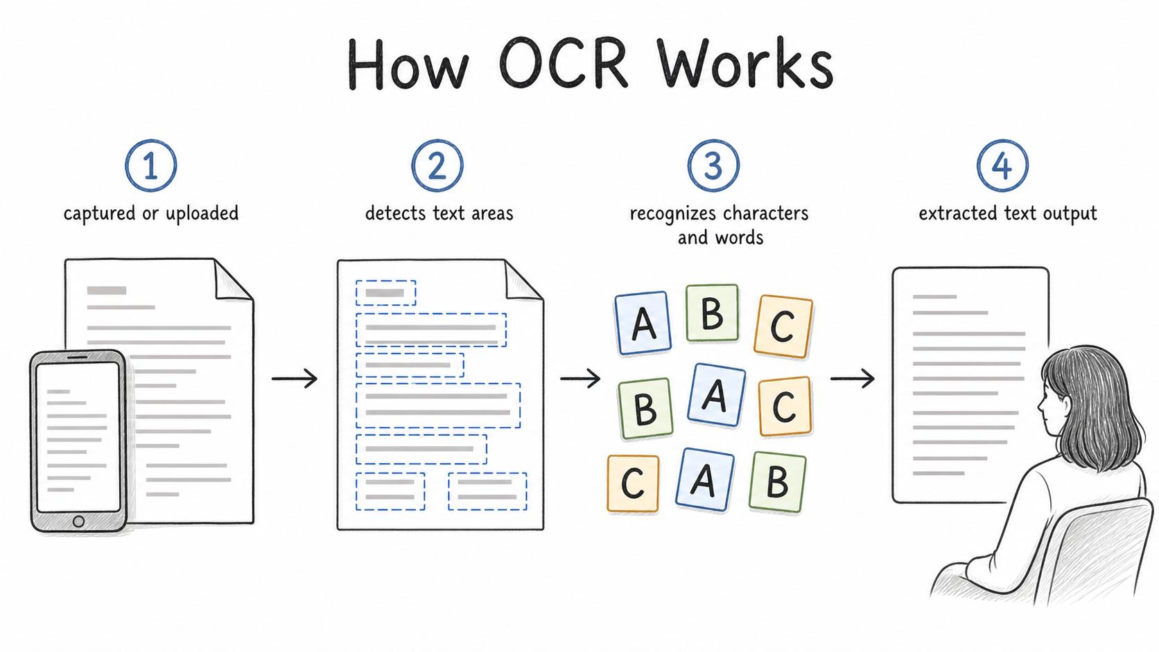 Most OCR workflows capture a file, detect text areas, recognize characters and words, and return extracted text output.