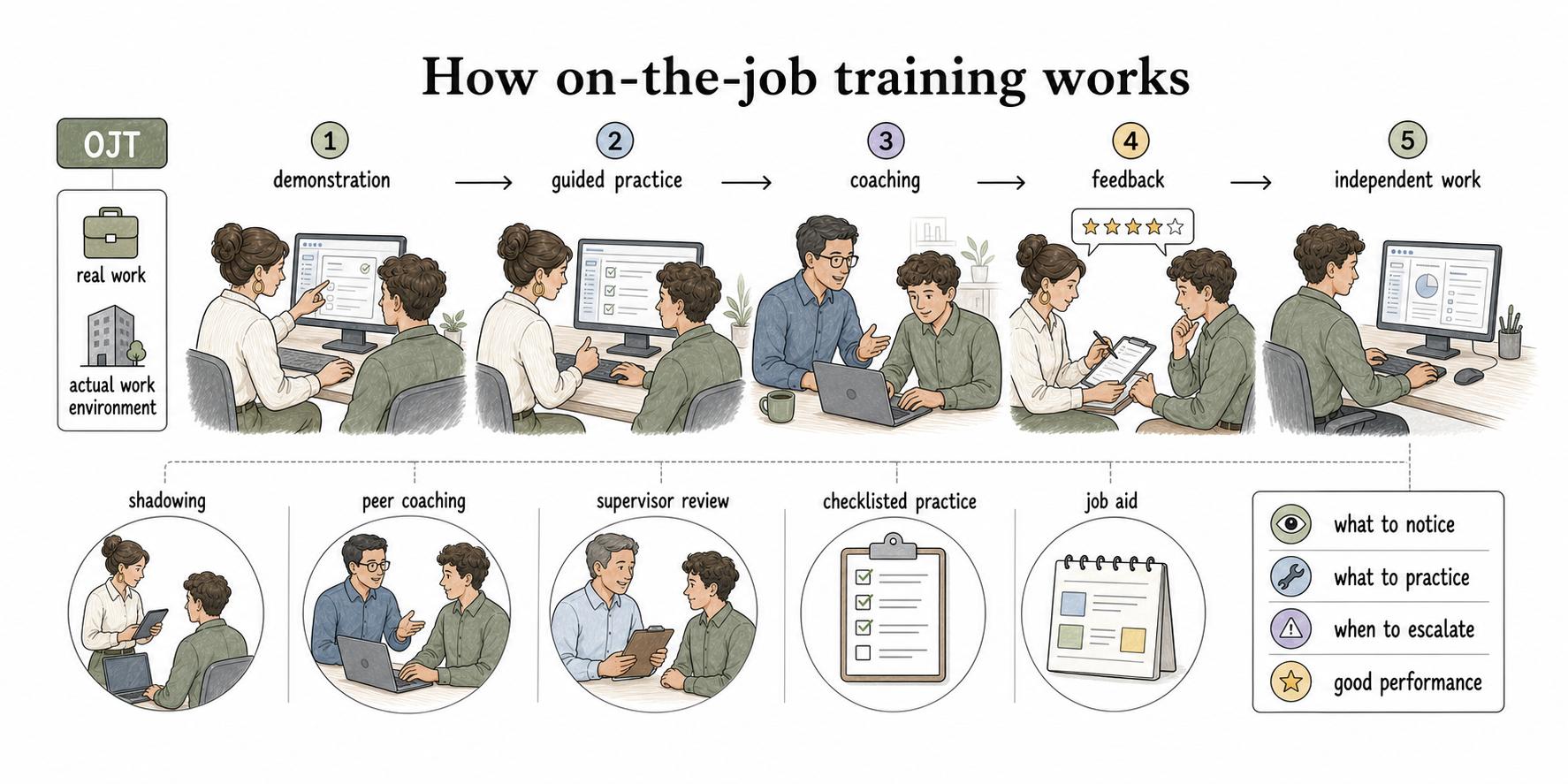 OJT works best when learners observe real work, practice with supervision, receive feedback, and gradually take ownership of the task.